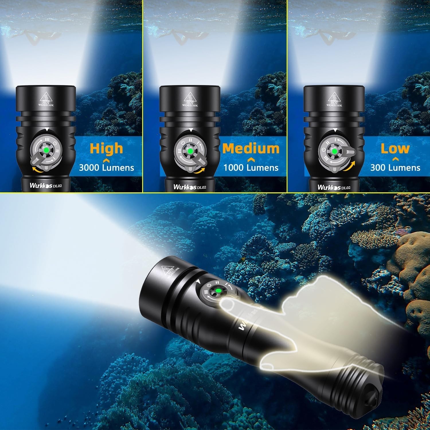 DL02 Scuba Diving Light,3000 Lumens 6500K Dive Light with Rotary Magnetic Switch