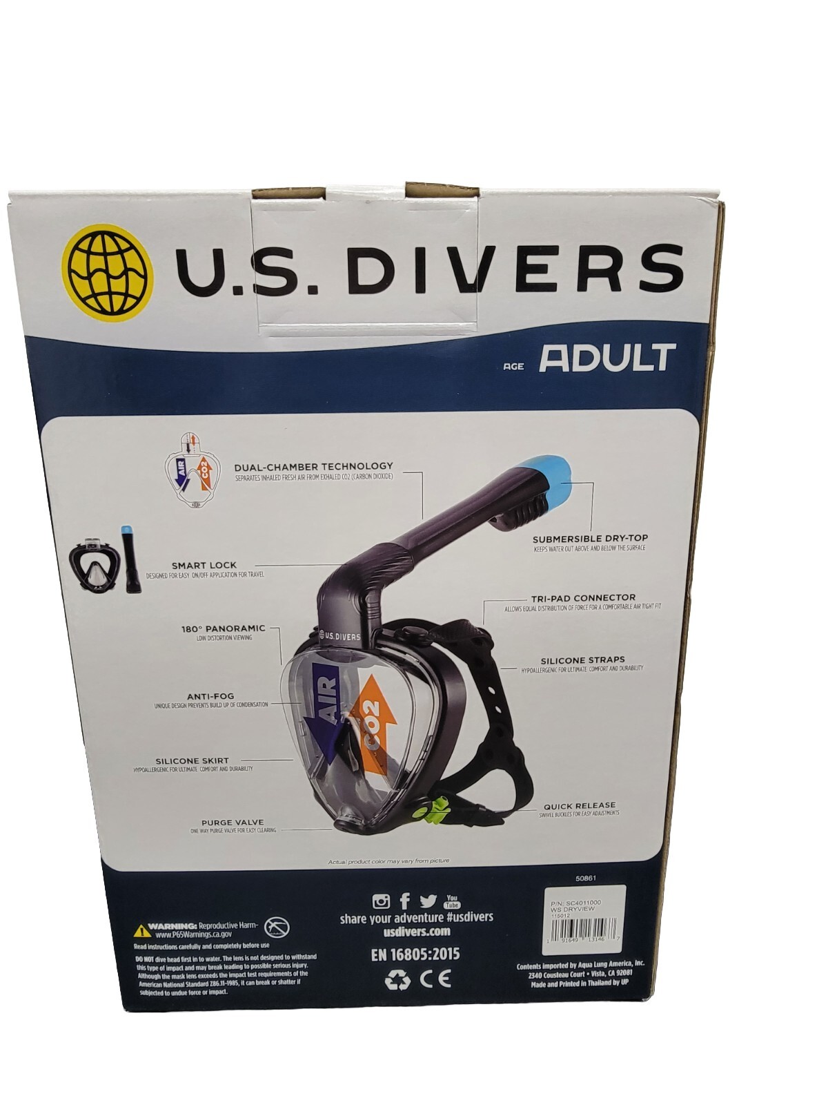 U.S. Divers Dryview Full Face Snorkeling Mask Shatter Resistant Black S/M NEW