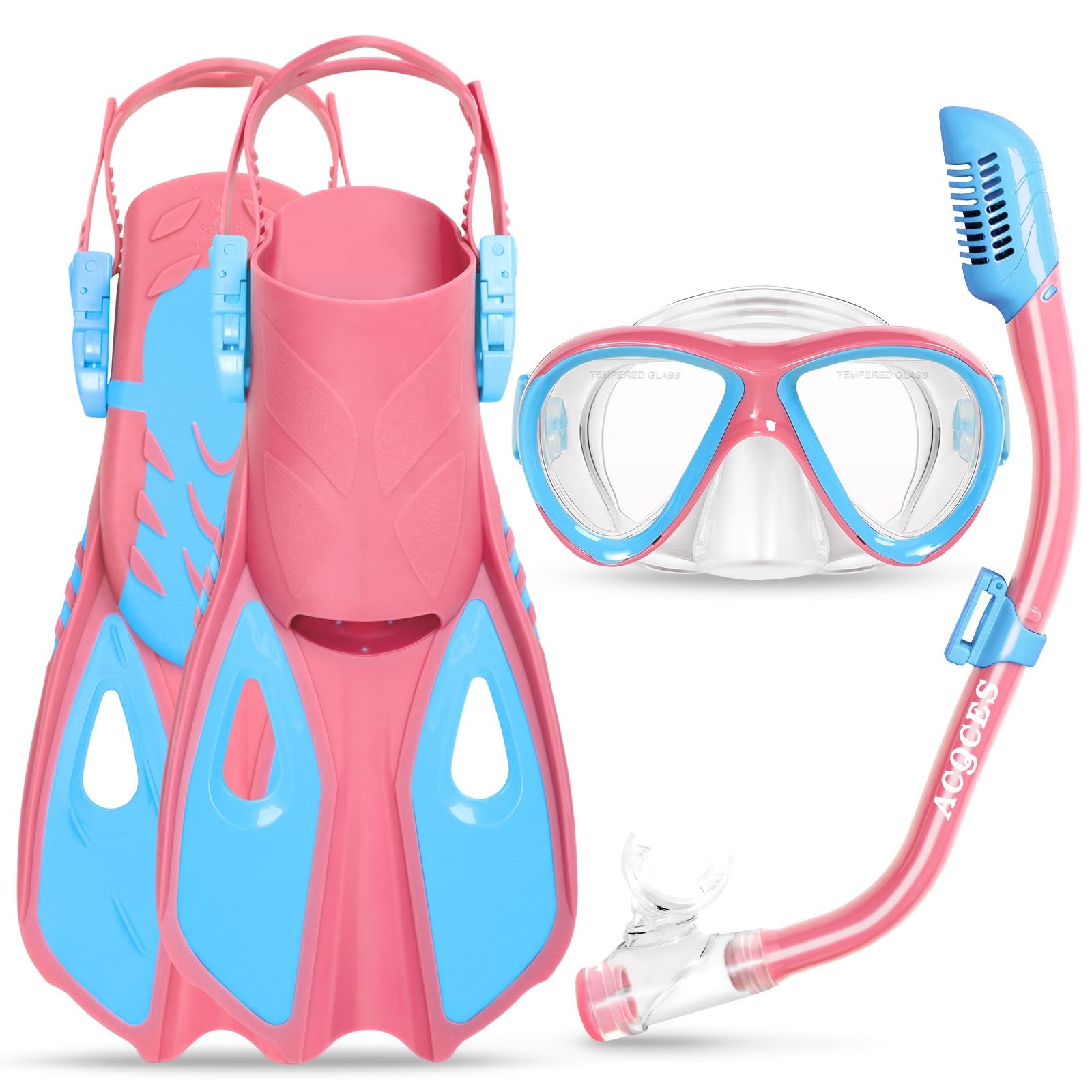 Snorkeling Gear for Kids Ages 5-15, 4 in 1 Mask XS(11-1), Pink+Light Blue