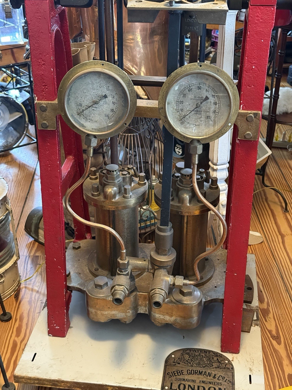 Antique Commercial Diving Helmet Air Pump 2 Cylinder SIEBE GORMAN & Co. Vintage