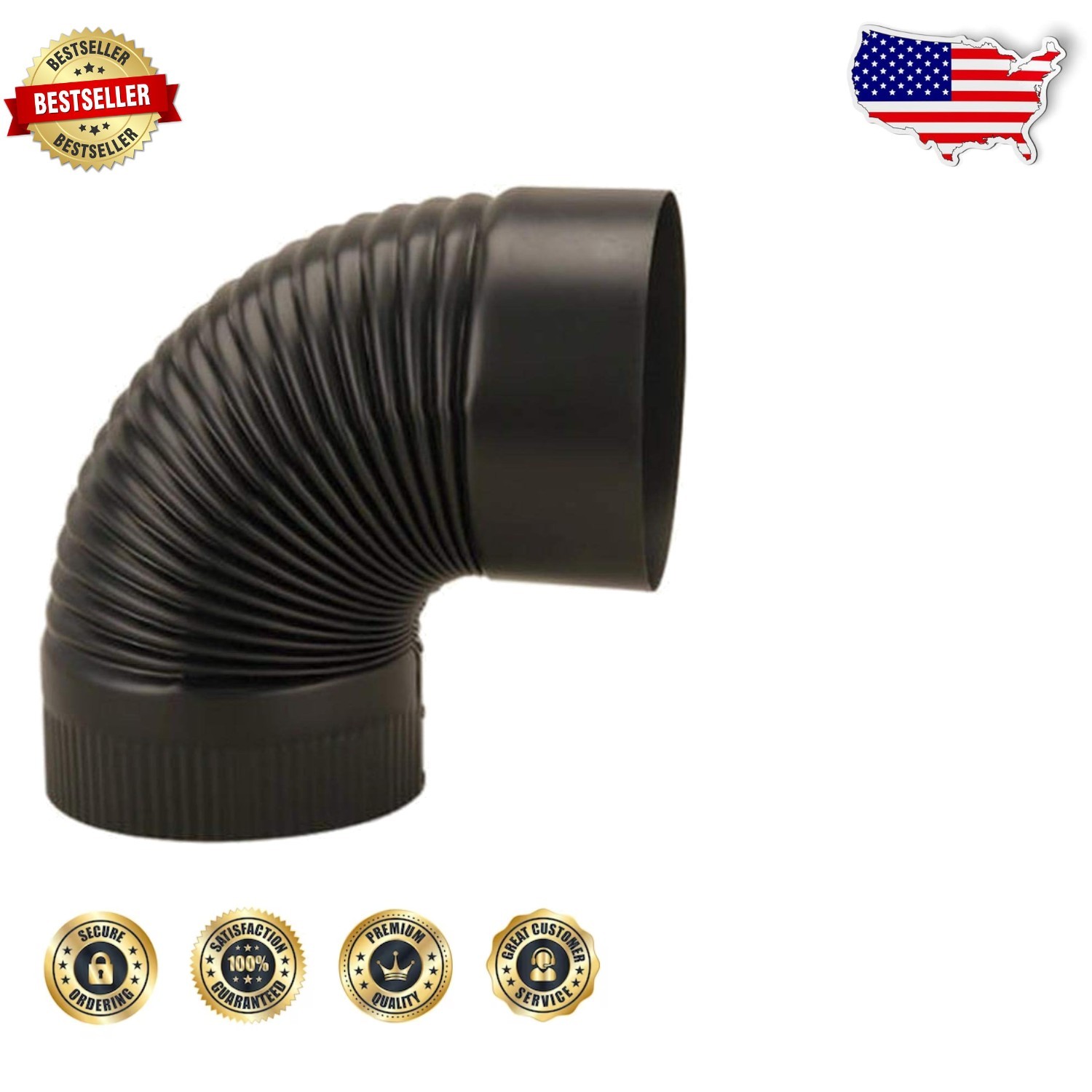Durable 6″ Black Alloy Steel Corrugated Elbow – NPT Thread Flue Connector