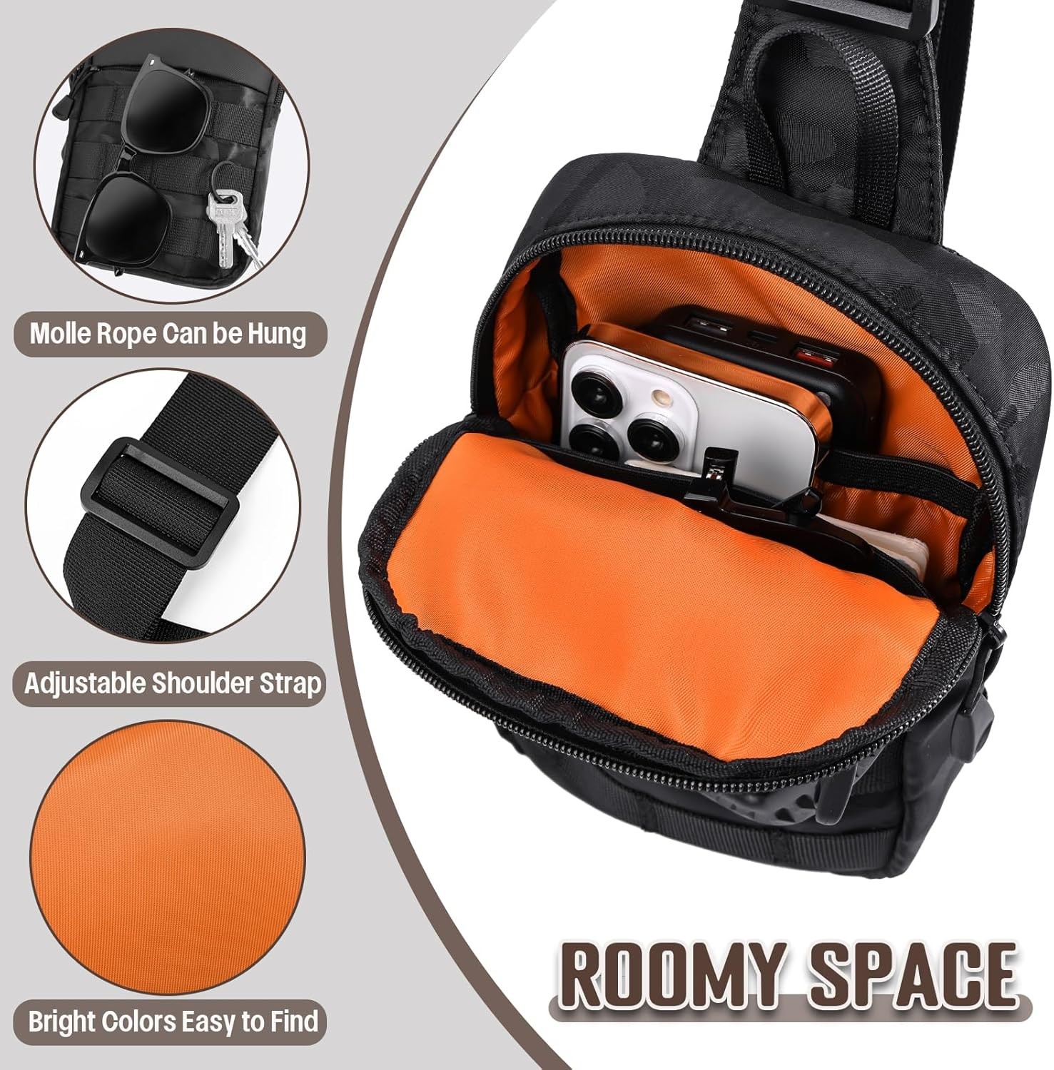 Small Sling Bag for Men, Tactical Inspired Waterproof Utility EDC Black Camo