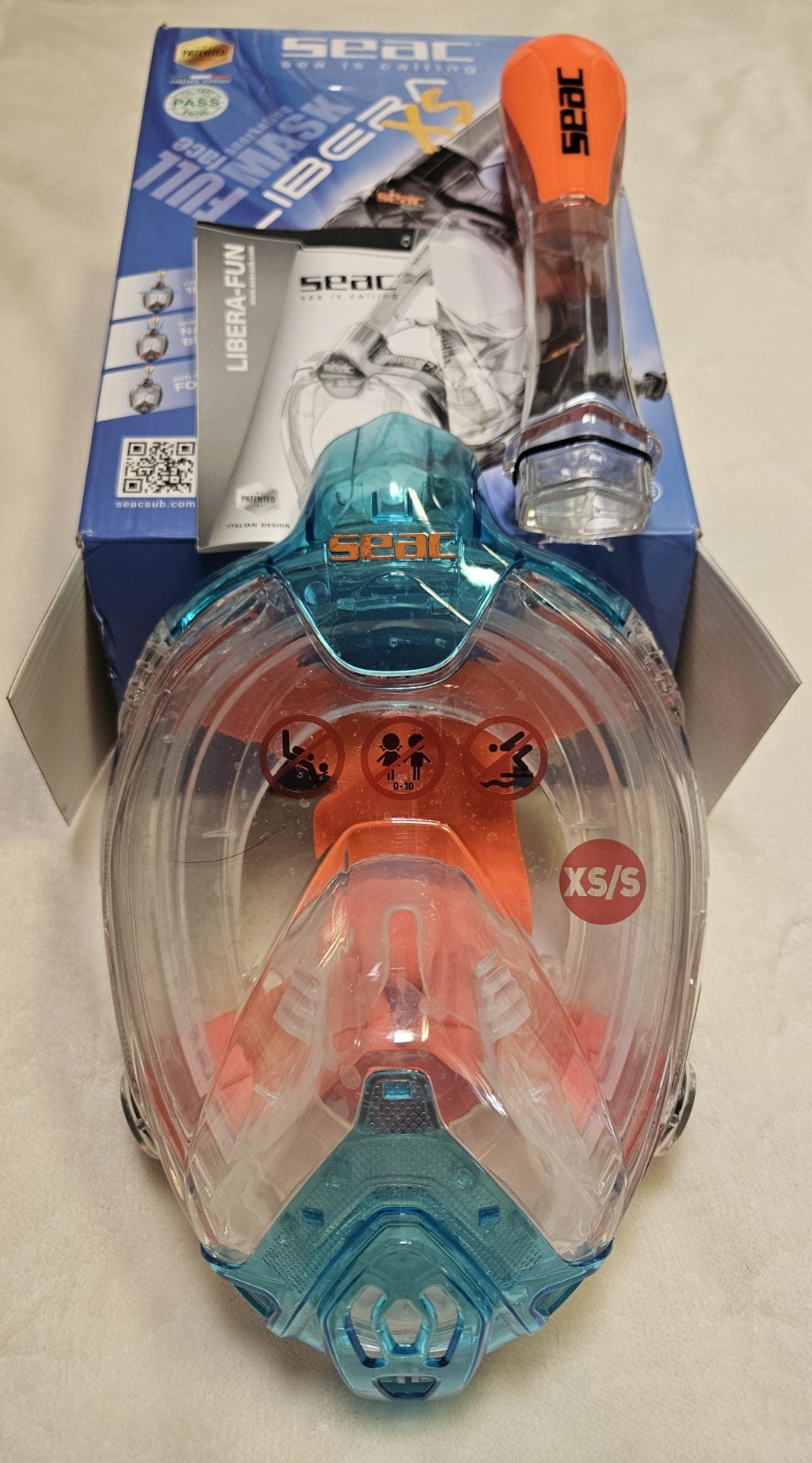 Seac Libera Full-Face Snorkel Mask Aquamarine/Orange Sz XS New in Original Box