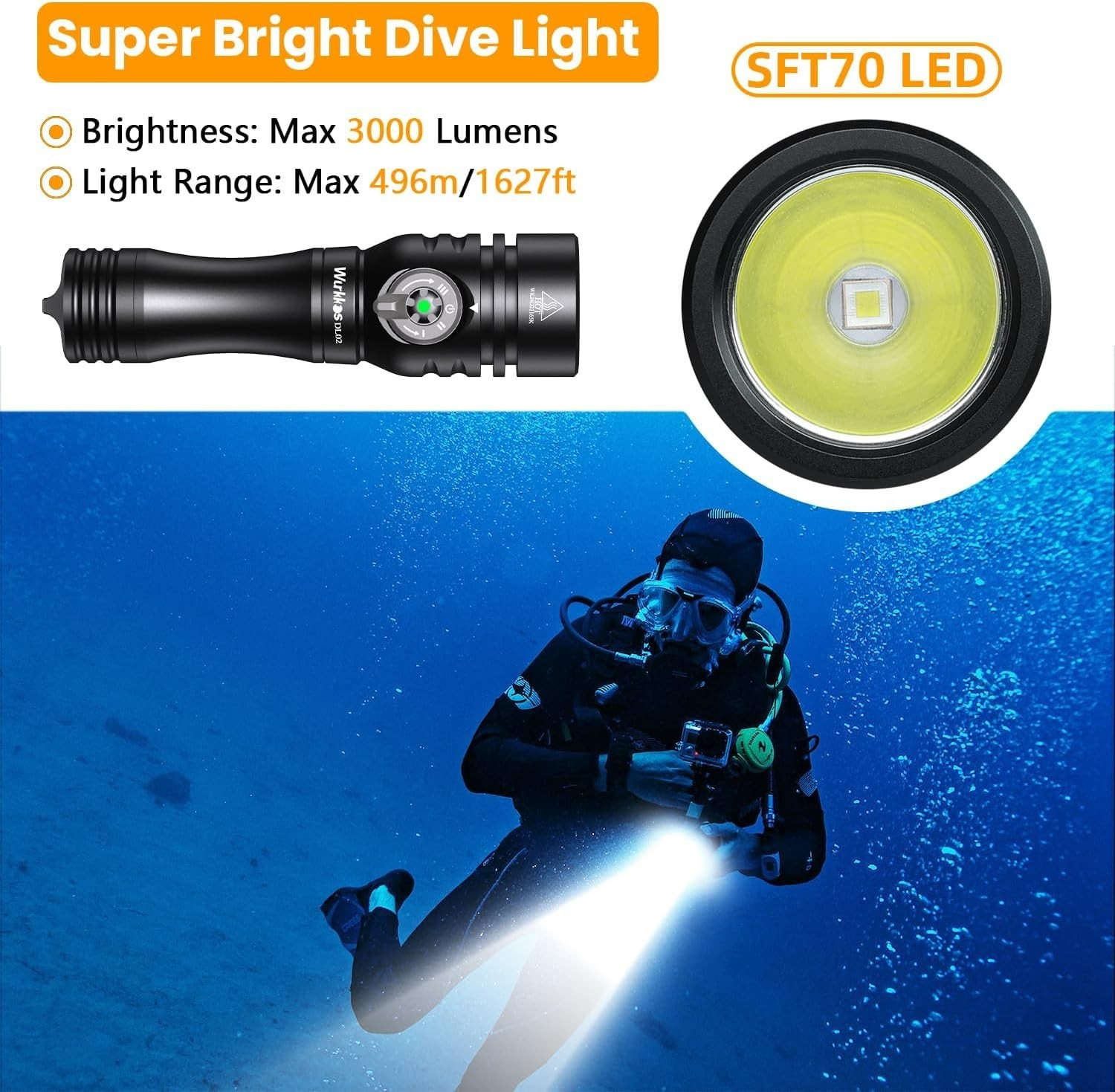 DL02 Scuba Diving Light,3000 Lumens 6500K Dive Light with Rotary Magnetic Switch
