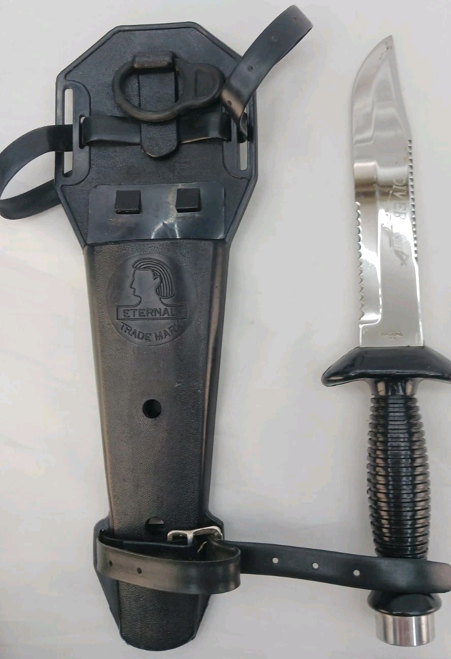 Vintage Eternal Dive Knife /w Sheath Serrated Blade, Made in Japan, Black Handle