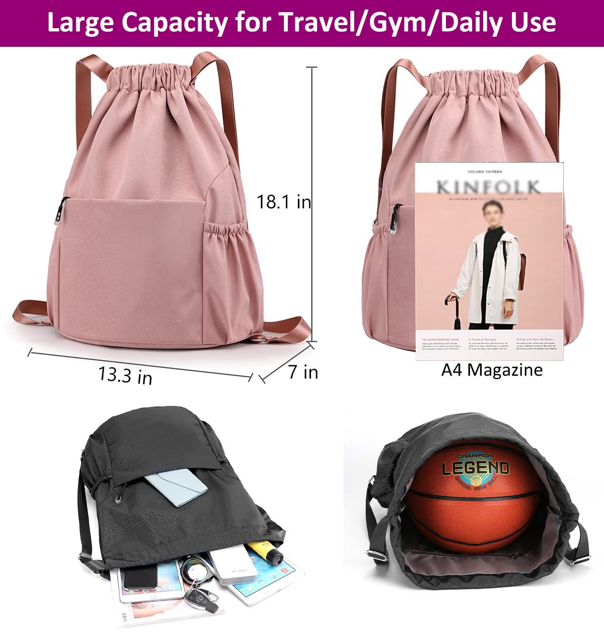 Drawstring Backpack Waterproof Small Gym Bag for Women String Large, Pink