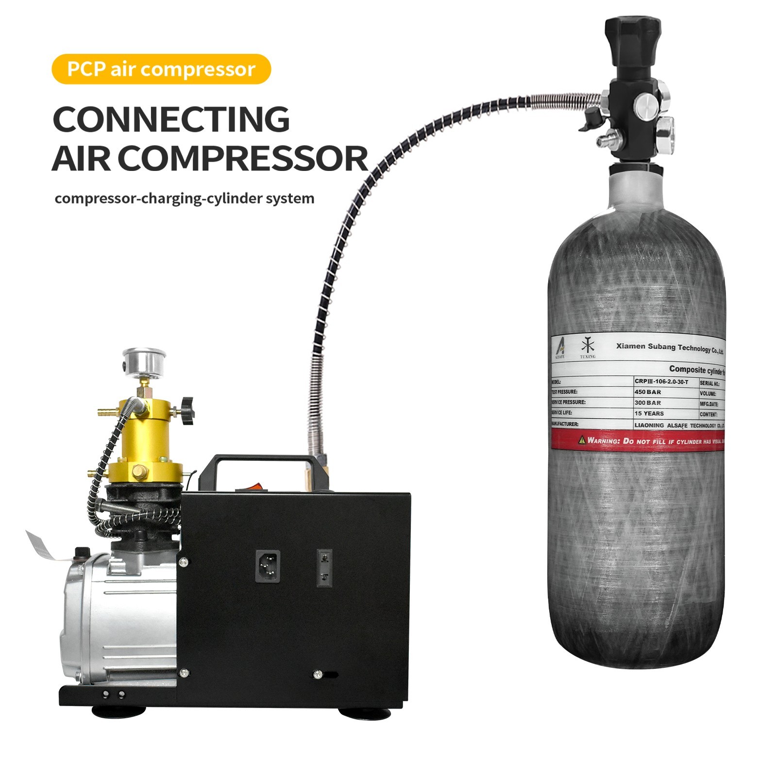 TUXING 2L Carbon Fiber Cylinder,4500Psi High Pressure Tank with DIN Valve