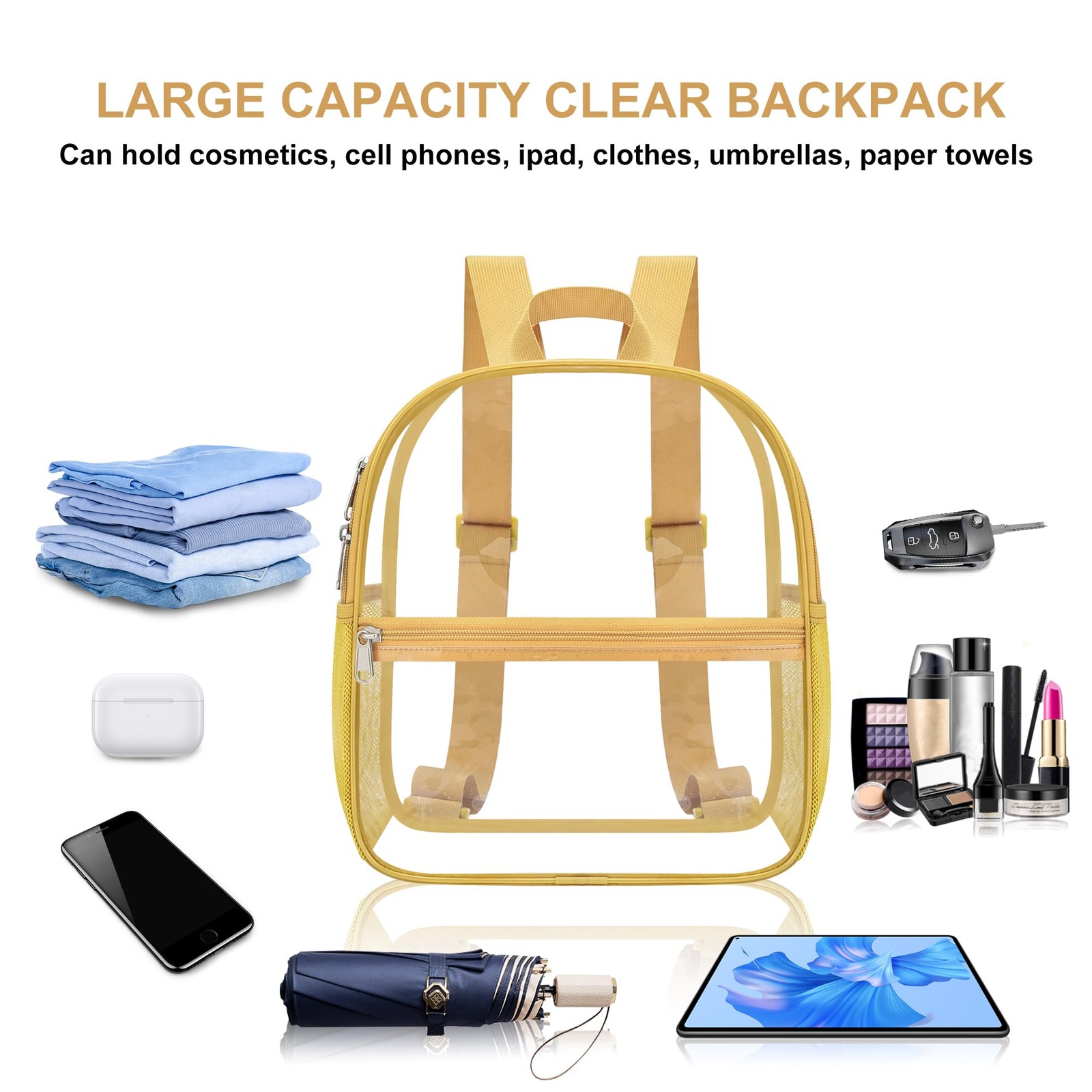 Oraben Clear Backpack Stadium Approved, 12 x 6 x 11 in, Small Small, Gold