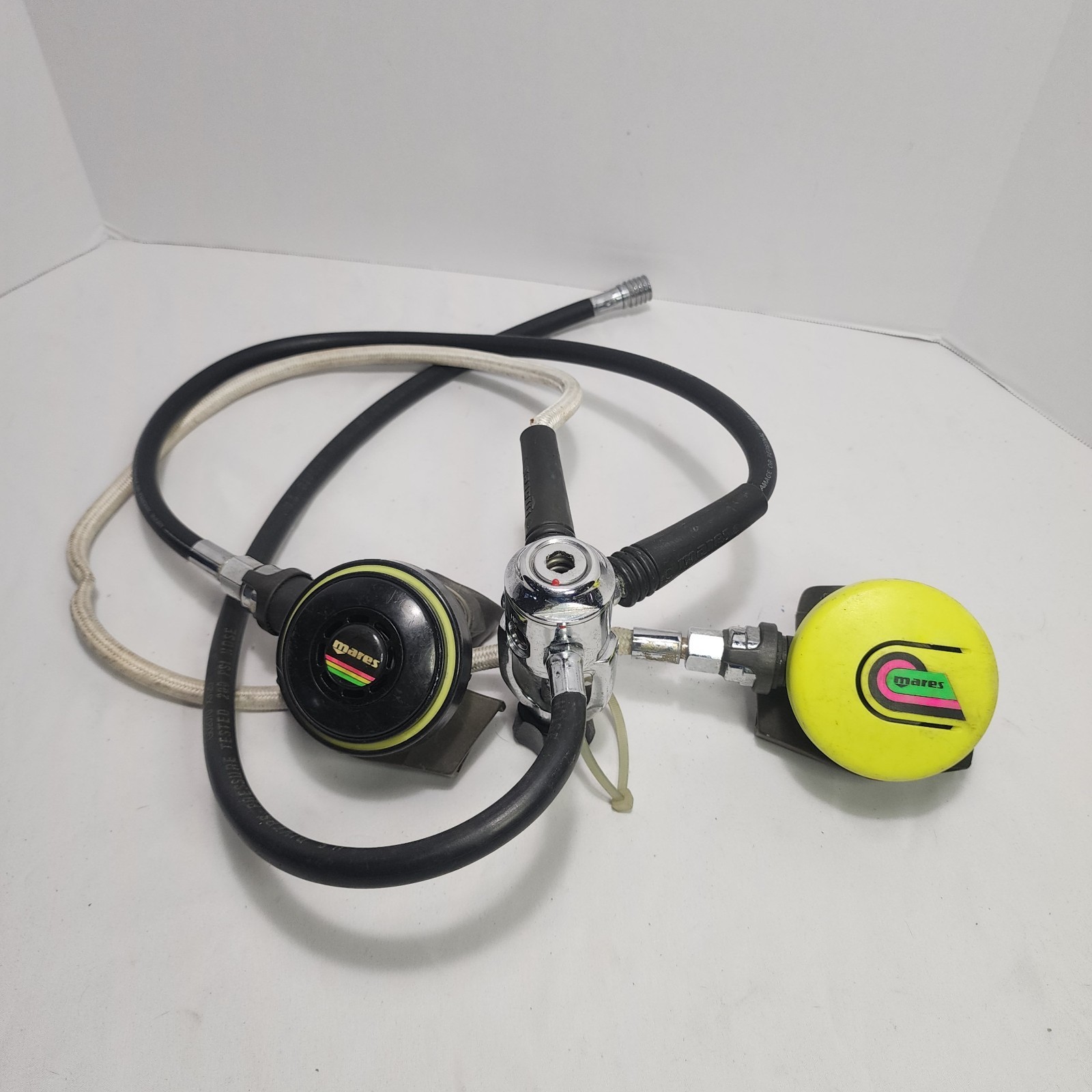 Vtg MARES Scuba Regulator Set Rainbow Stripe + Yellow Octopus MADE IN ITALY READ