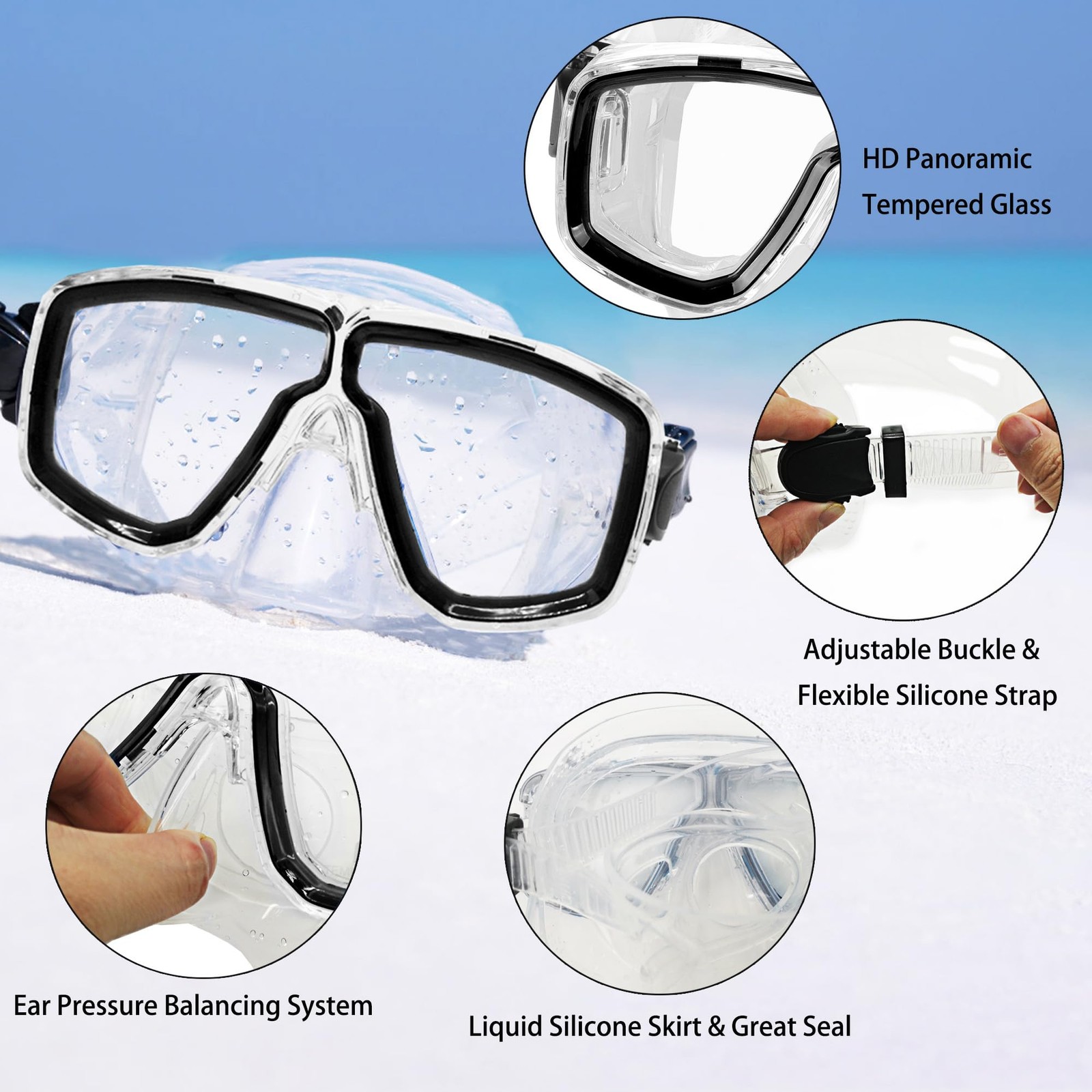 DiVLMT Snorkeling Gear for Adults US Men 4-8.5 | Lady 6-9.5, Solid Black