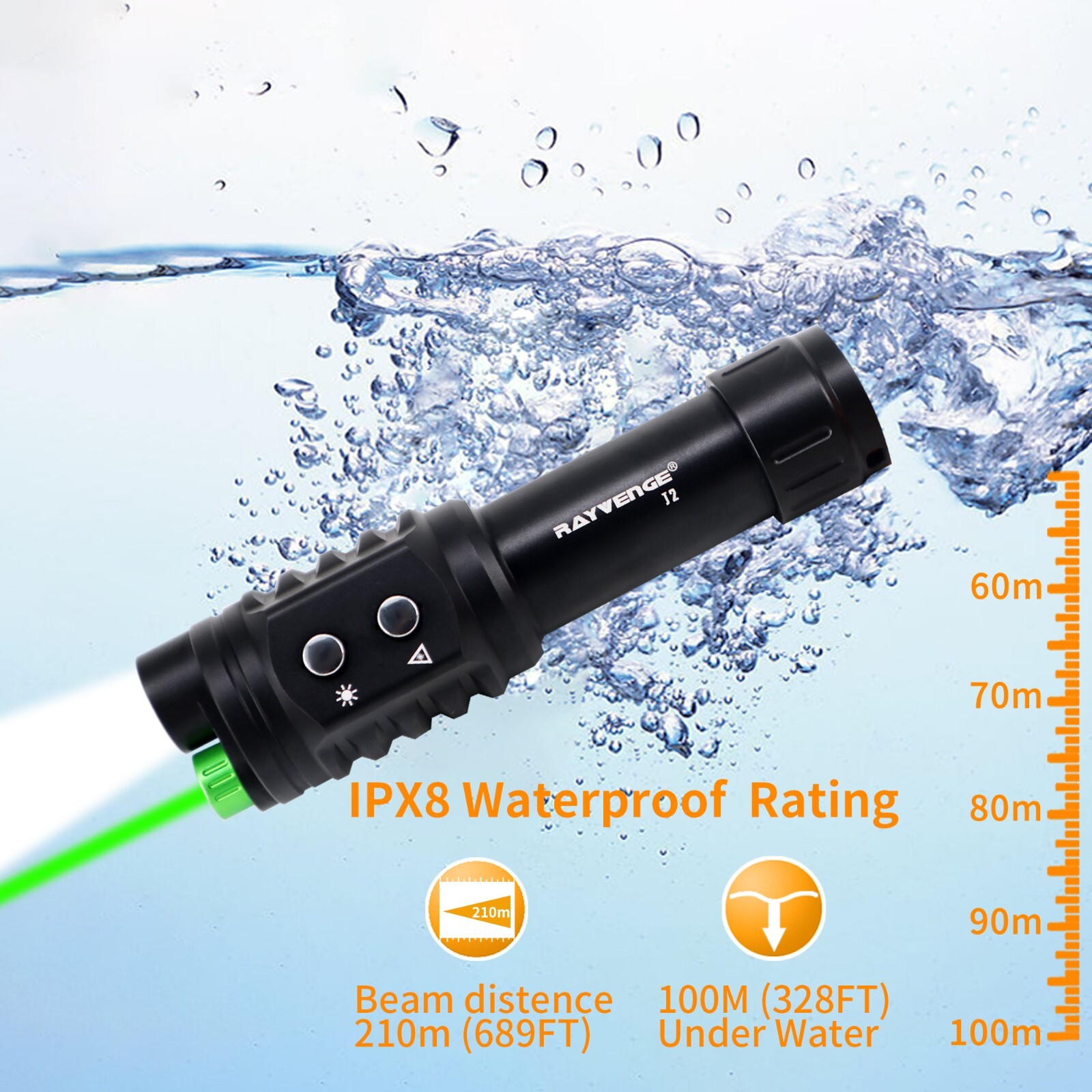 J2 Scuba Diving Flashlight 2-in-1 with 1000 Lumens White Light 1500M Green Laser
