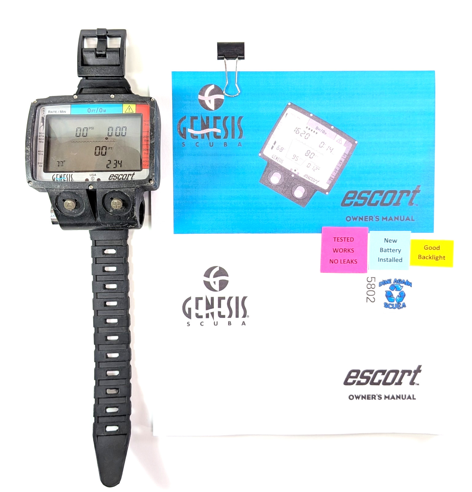 Genesis Escort Wireless / Hoseless Scuba Dive Computer with Manual #8502