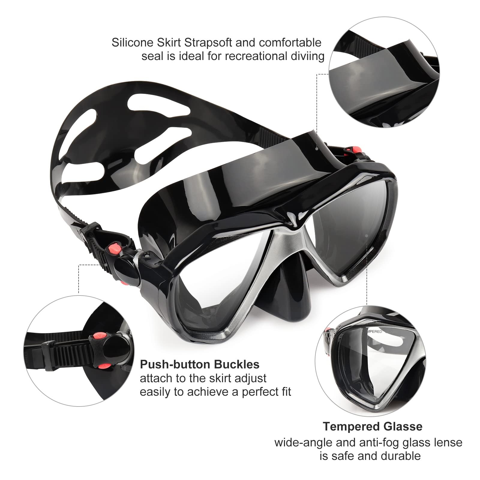 Snorkel Diving Mask Panoramic HD Swim Mask, Anti-Fog Scuba F, A-Black
