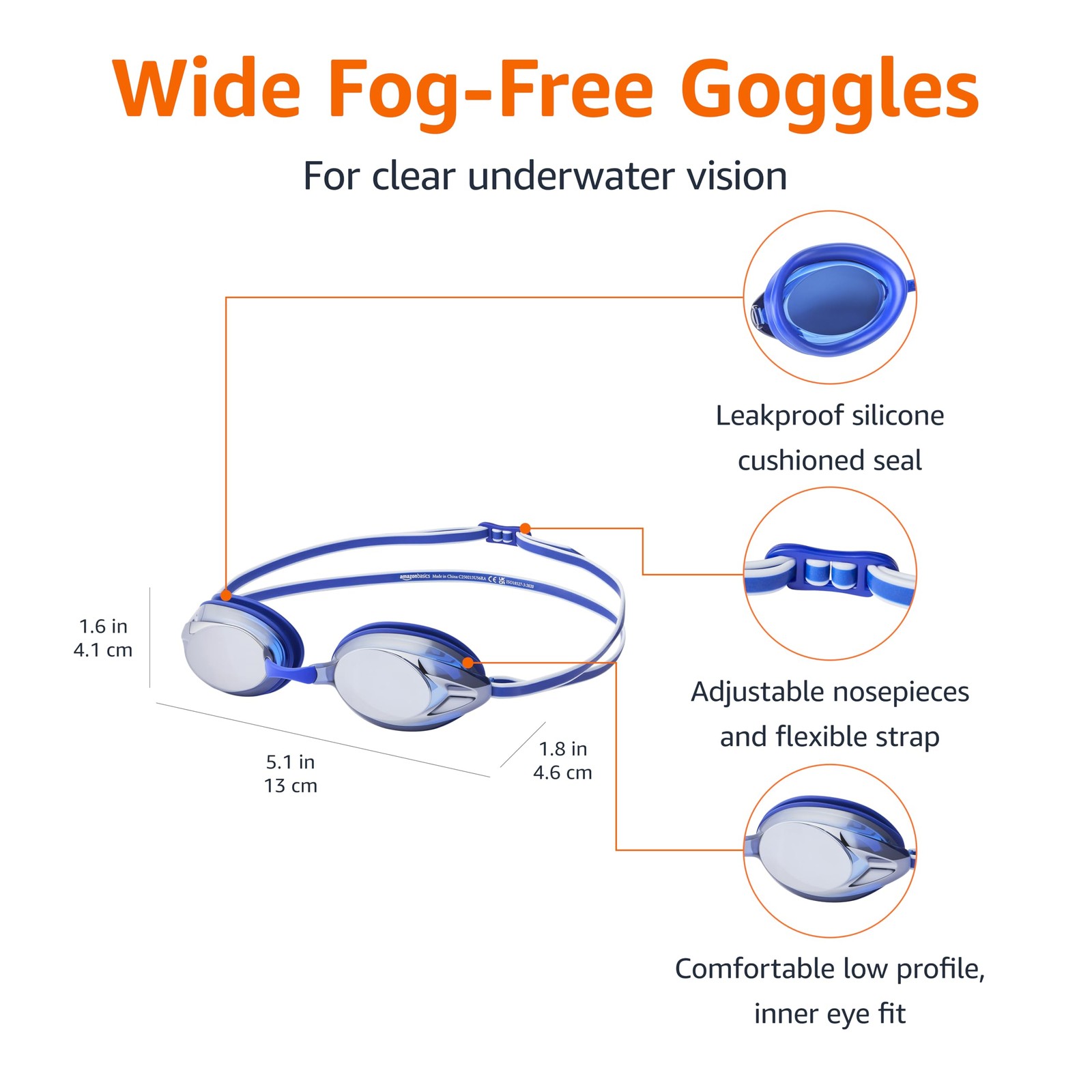 Amazon Basics Unisex Anti-Fog Swim Goggles for Adults, Blue Adult,