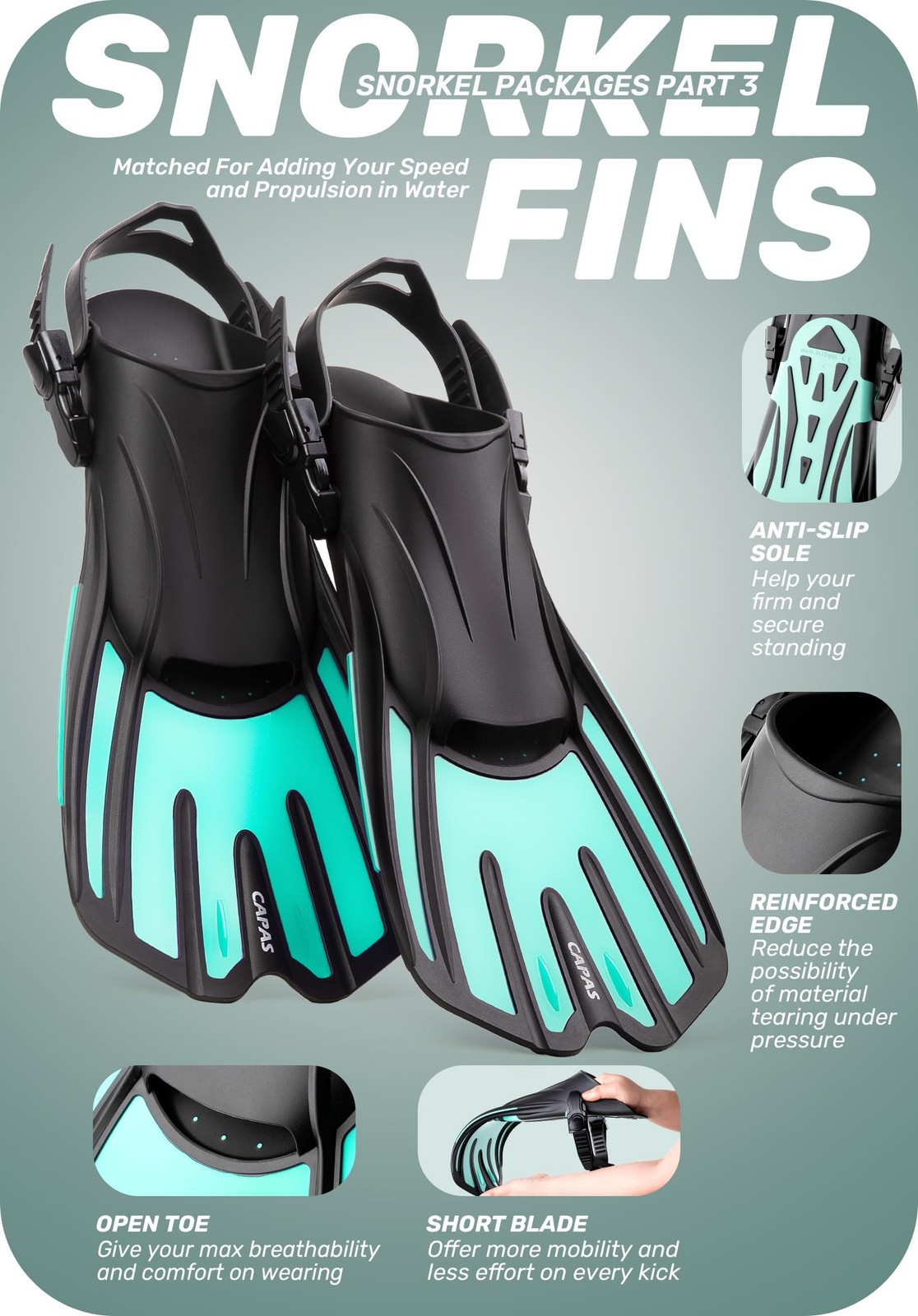 CAPAS Snorkel Mask Fins Set, S/M (US Men 6-8.5 / Women 7-9.5), Green-black