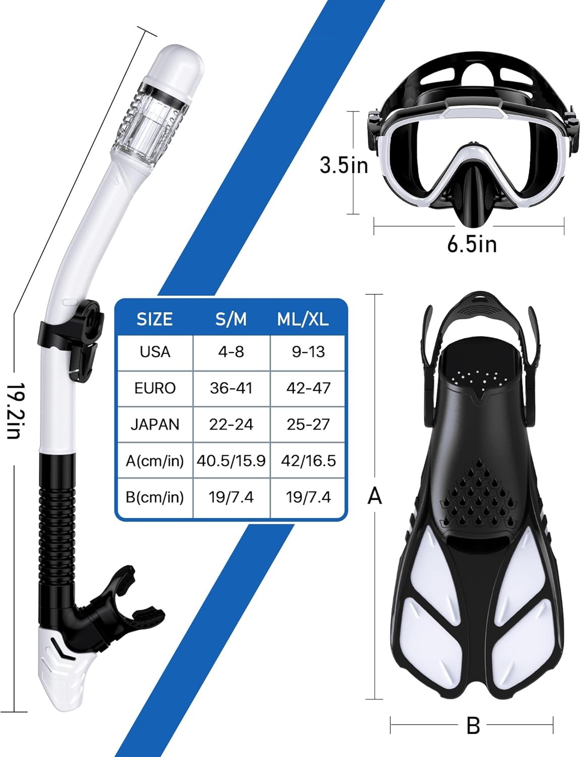 Snorkeling Gear for Adults Men Women,4 in 1 Snorkel Set with ML/XL, WHITE