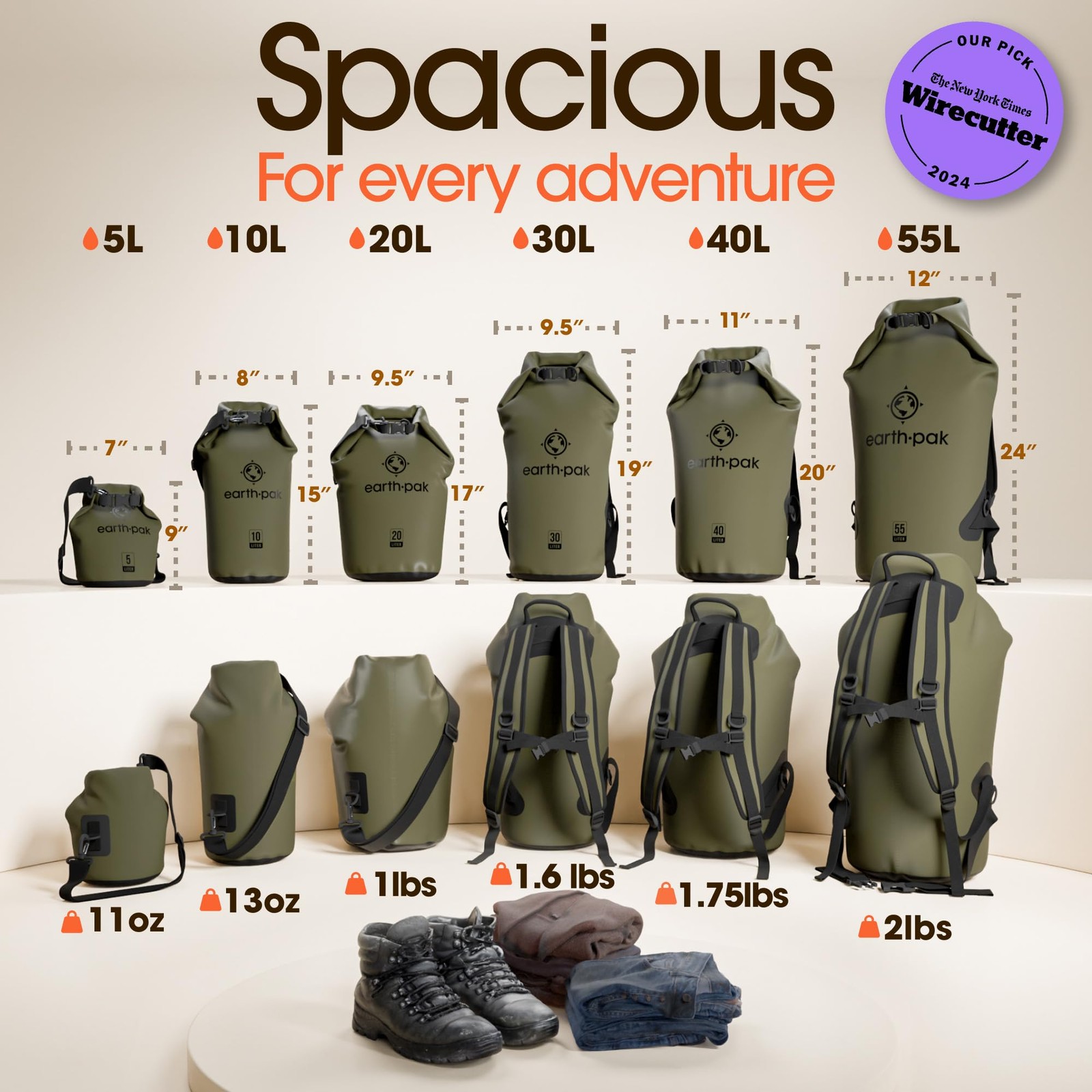Earth Pak Waterproof Dry Bag – Roll Top Backpack 5L, Forest Green