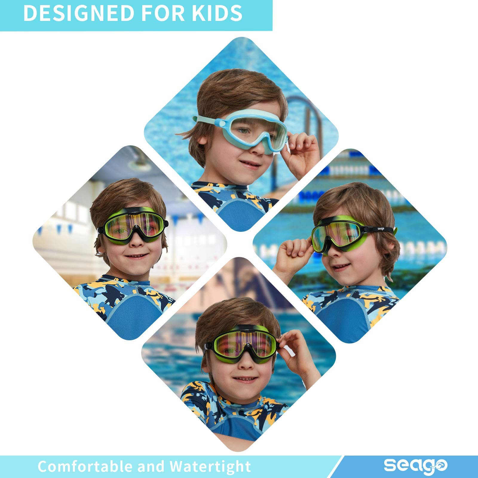 Seago Swim Goggles 2 Pack Anti-Fog 7.08*2.8*2.6in, Light Blue & Black/Green