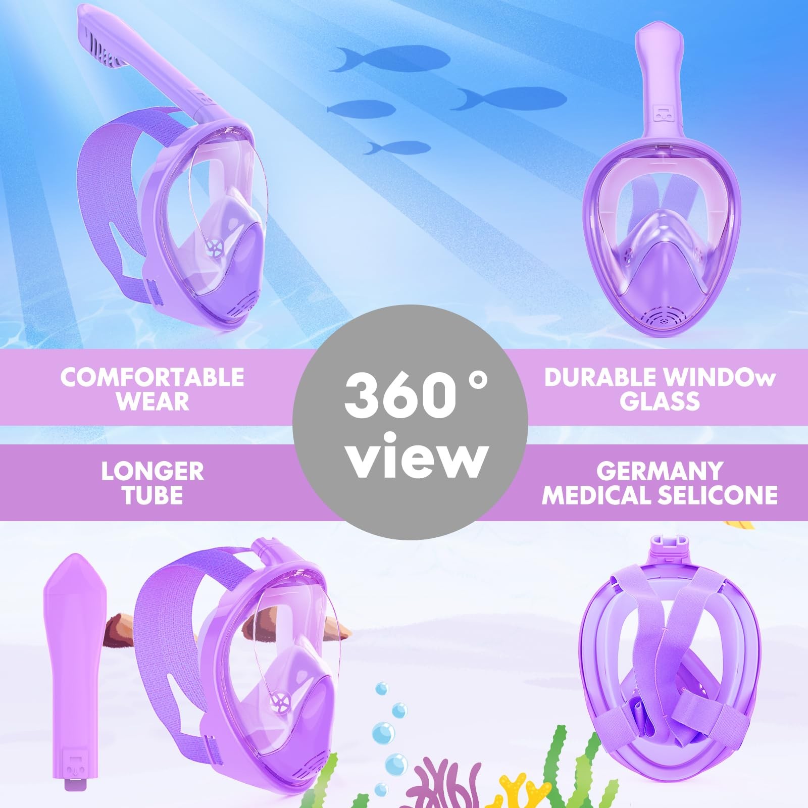 Kids Snorkel Mask Full Face, Snorkeling Gear for 2-14 with Camera Purple
