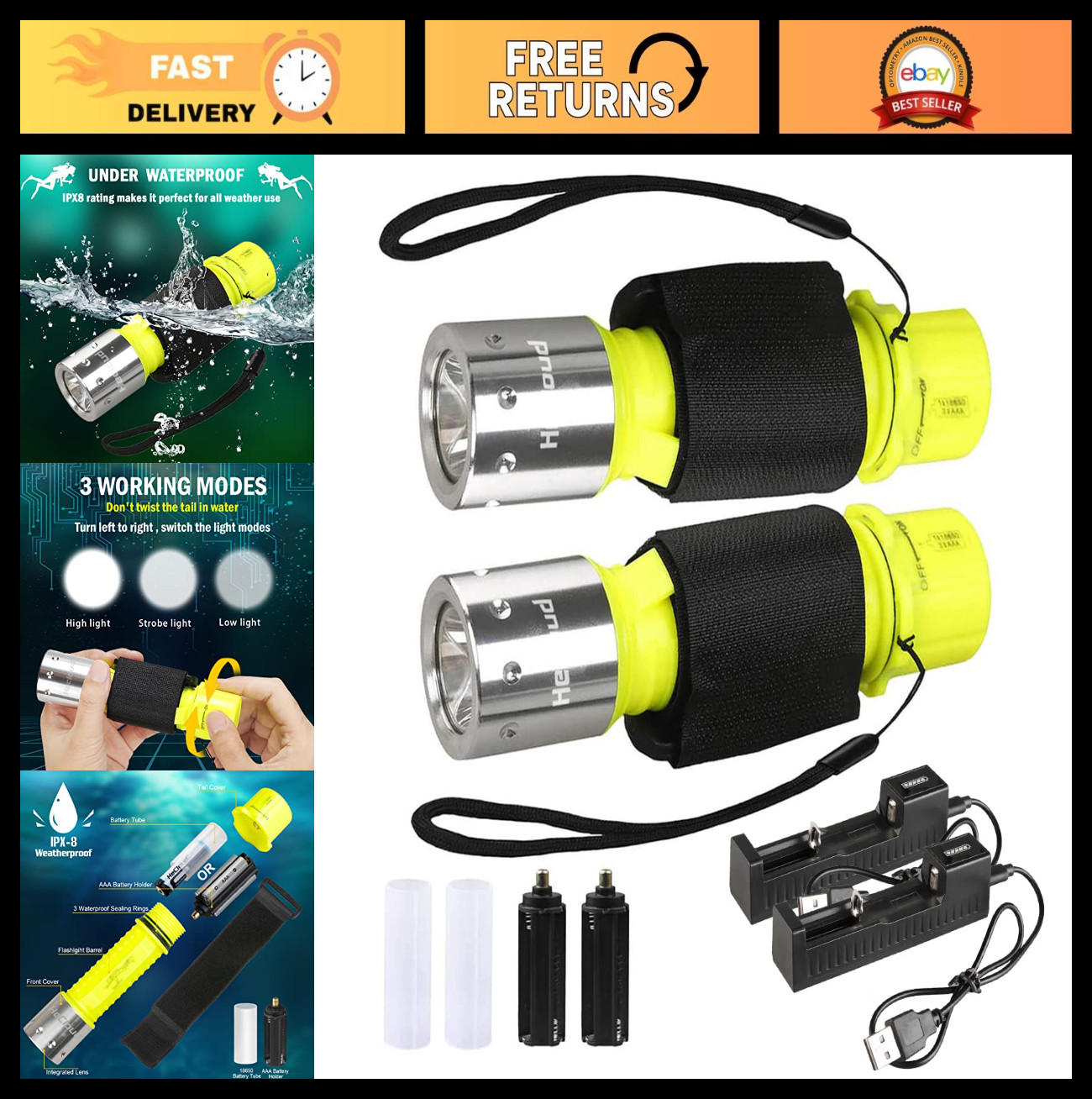 Rechargeable Diving Flashlight – IPX8 Waterproof LED Torch, 3 Modes, 2-Pack for
