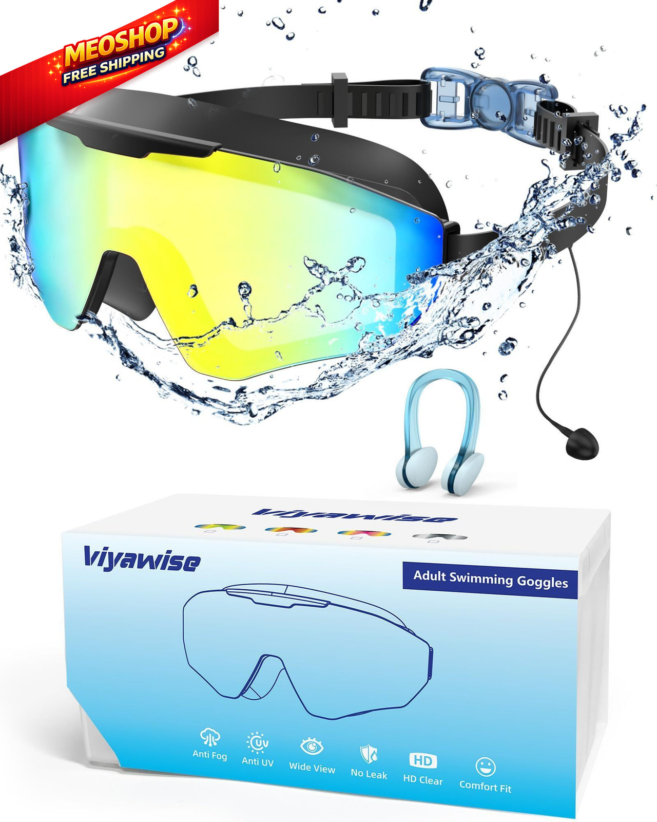 viyawise Swim Goggles with Earplugs, Wide View Anti Fog UV Adult, Cyan