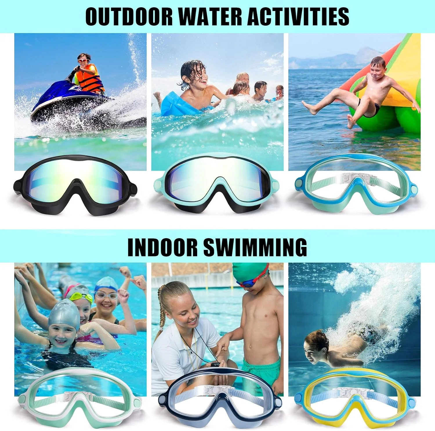 Seago Kids Swim Goggles 2 Pack – Anti-Fog, Anti-UV, Ages 3–14