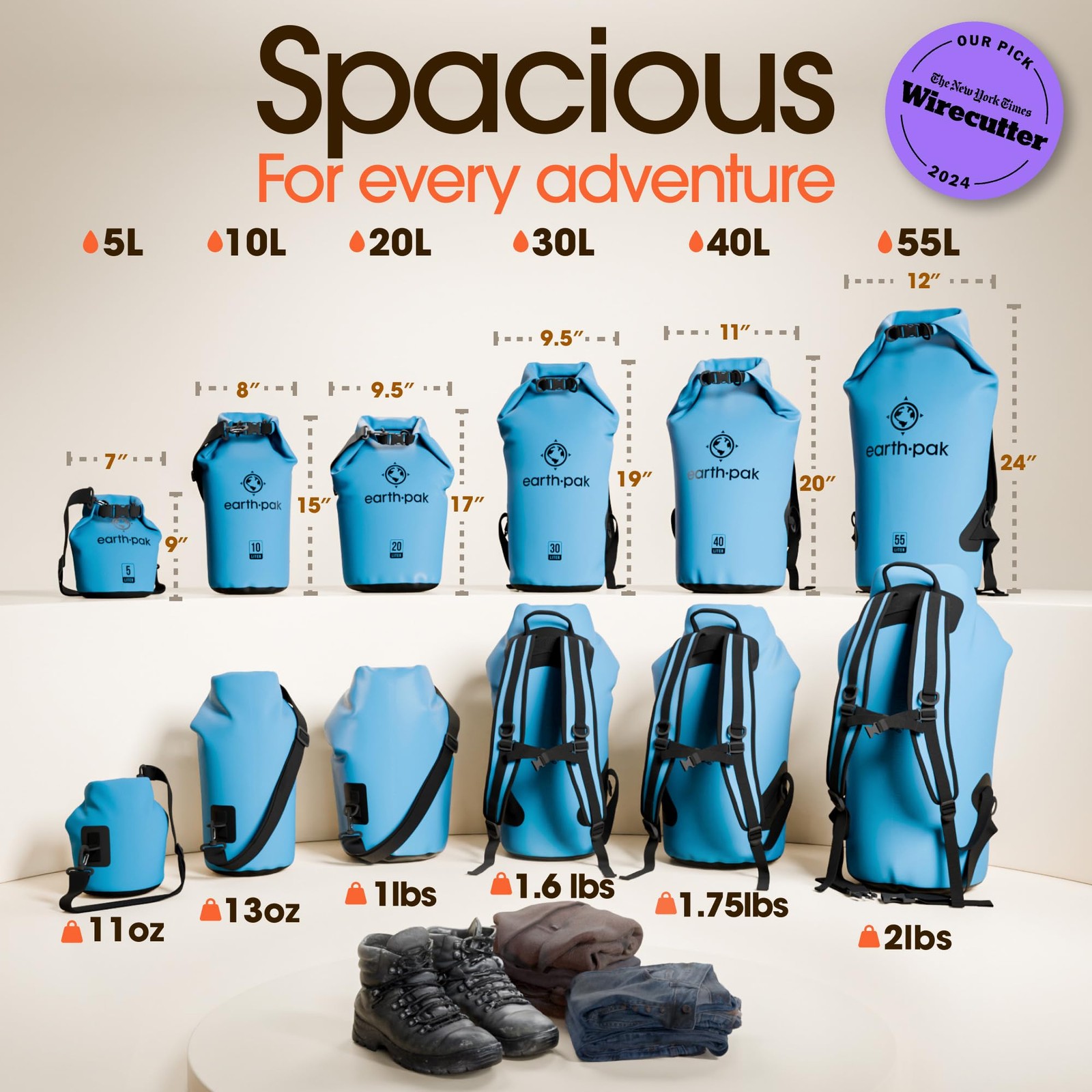 Earth Pak Waterproof Dry Bag – Roll Top Backpack 10L, Light Blue