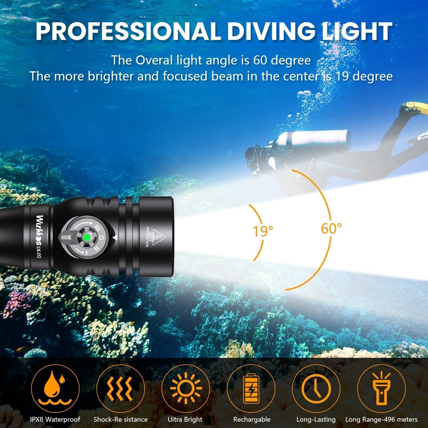 DL02 Scuba Diving Light,3000 Lumens 6500K Dive Light with Rotary Magnetic Switch
