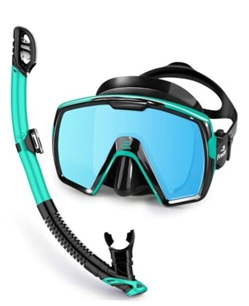 Adult Dry Snorkel Set with Mirrored Lens Anti-Fog 180° Wide Green with Blue
