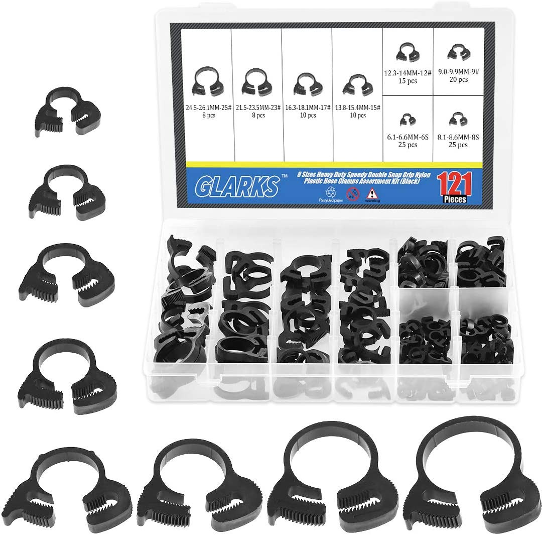 121Pcs 8 Size Heavy Duty Black Double Gripping Nylon Hose Clamps Set, 6.1-26.1Mm