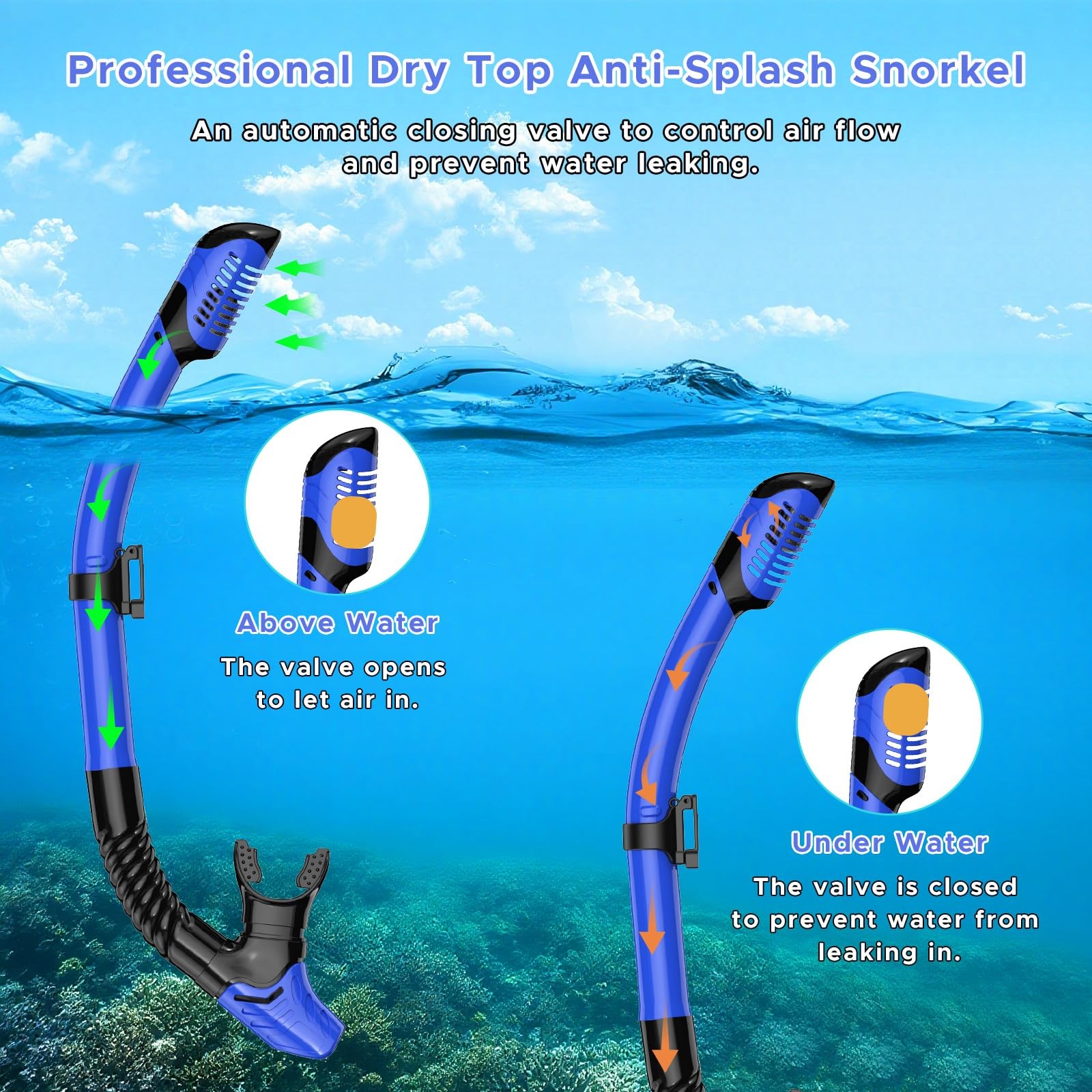 Snorkeling Gear for Adults, Dry Snorkel, Mask Set Adult, Diving Gray+Blue