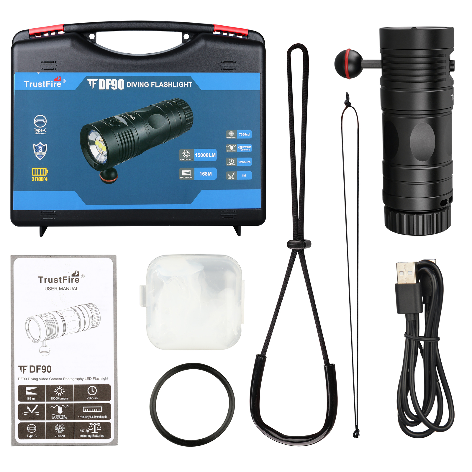 Trustfire Scuba Diving Light Underwater Dive Flashlight 15000 Lumens 70M（DF90）