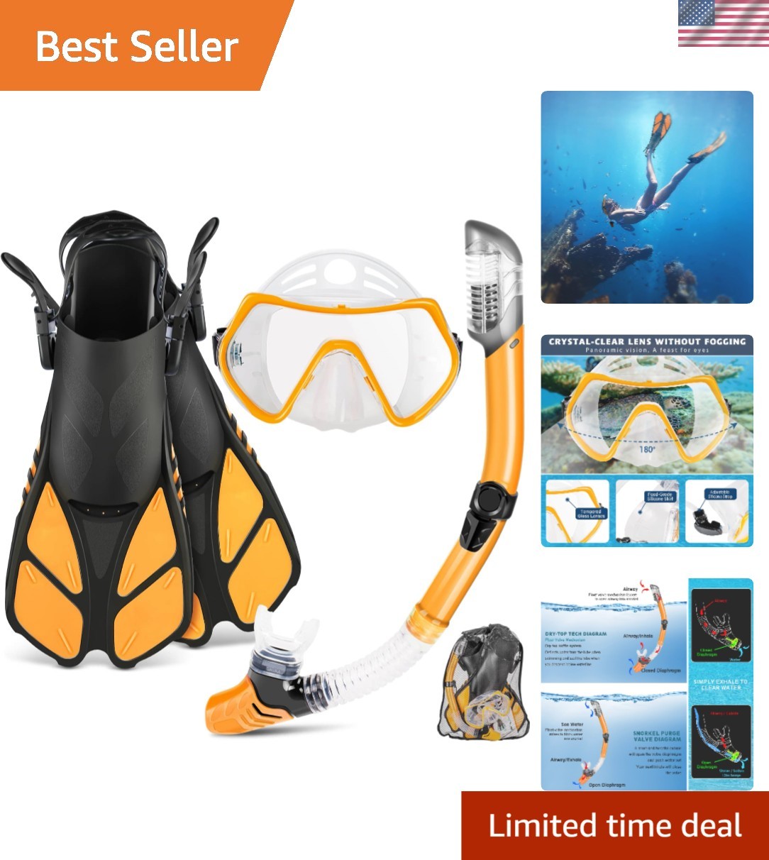 Travel-Friendly Snorkeling Kit for Adults: Trek Fins, Dry Top Snorkel & Mask