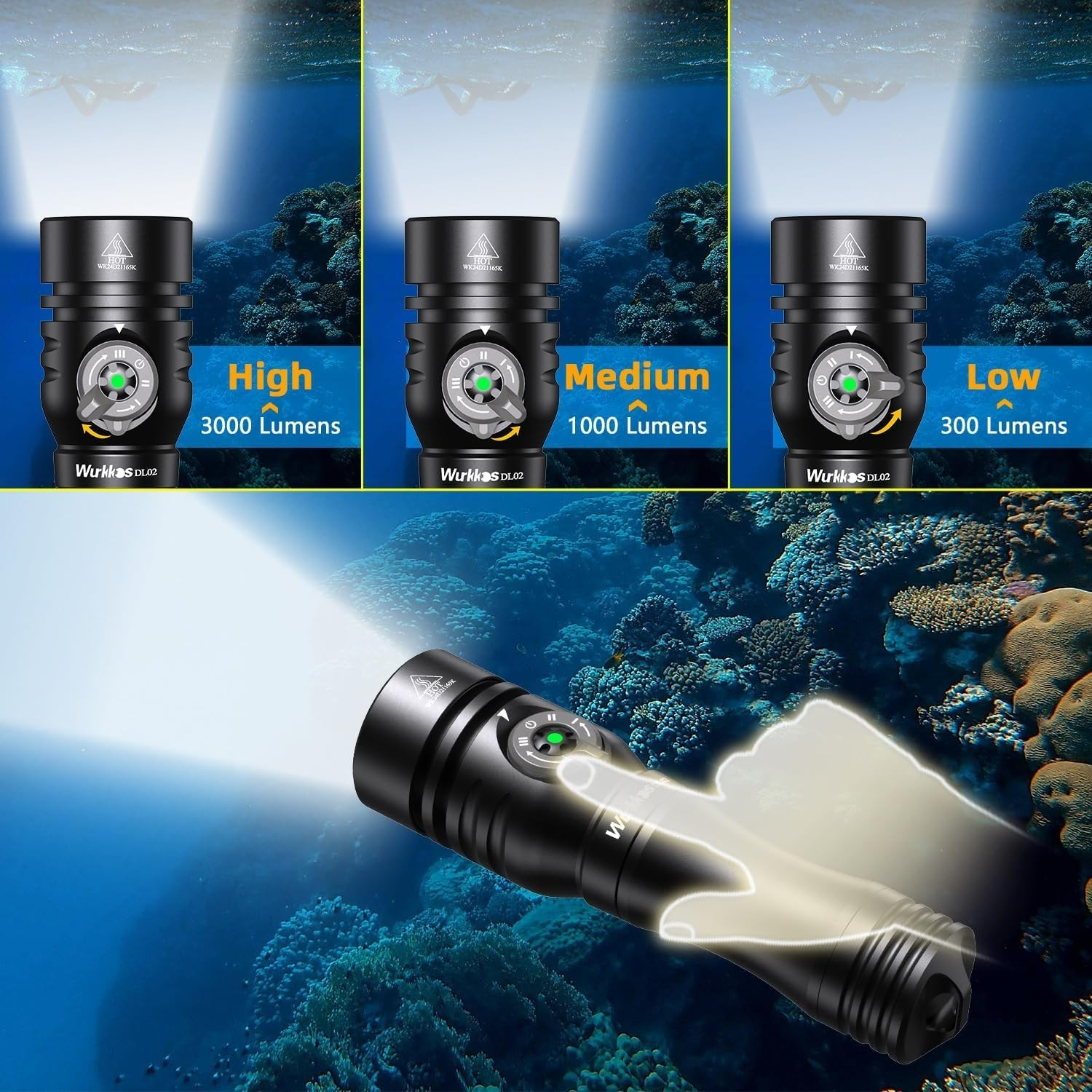 DL02 Scuba Diving Light,3000 Lumens 6500K Dive Light with Rotary Magnetic Switch
