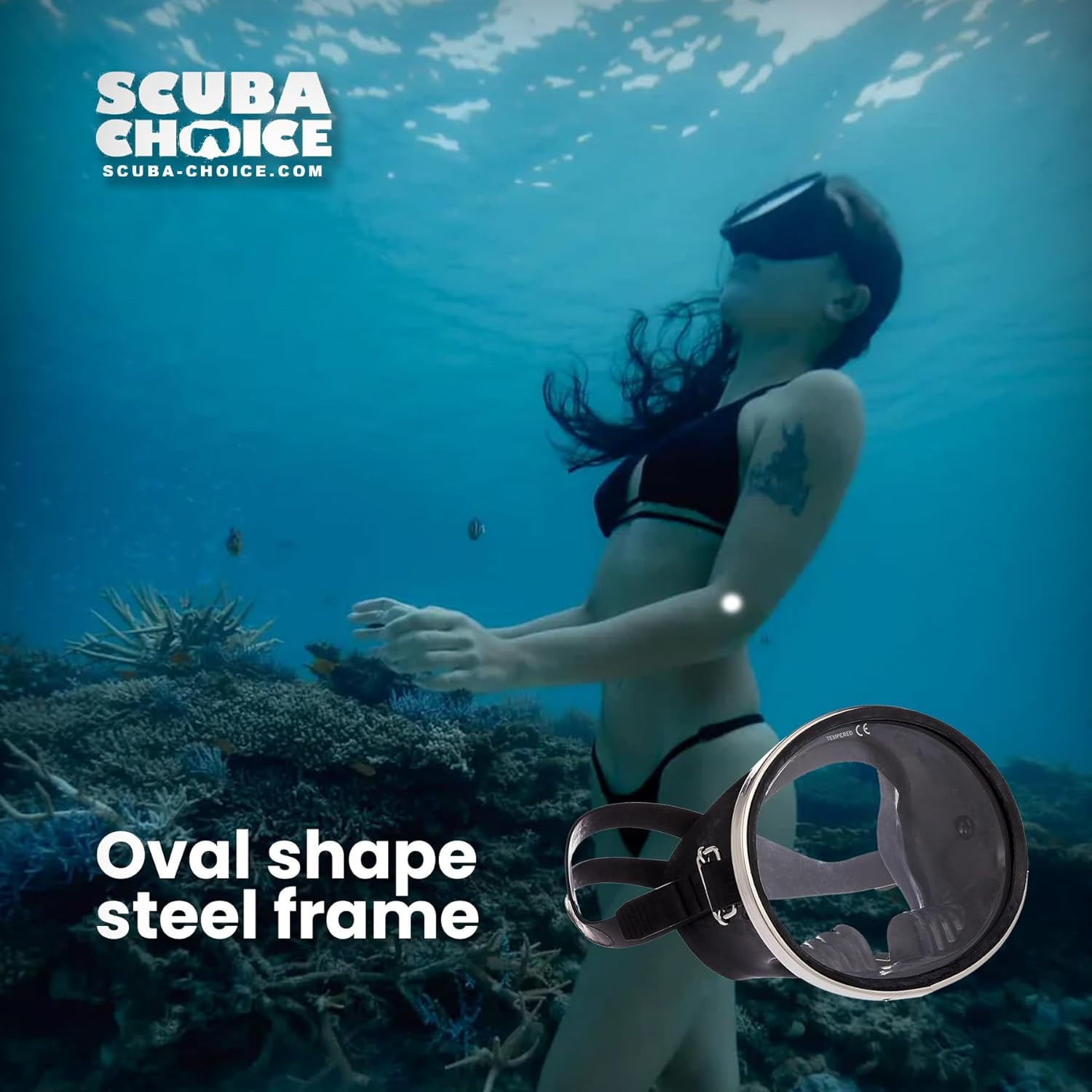 Scuba Diving Mask, Oval Tempered Glass Snorkel Mask with Comfortable Classic Rub