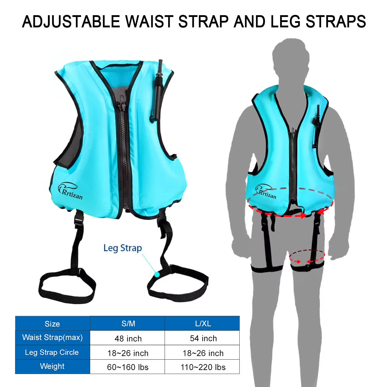 Rrtizan Adults Inflatable Swim Vest, Portable Snorkel Vest, S/M