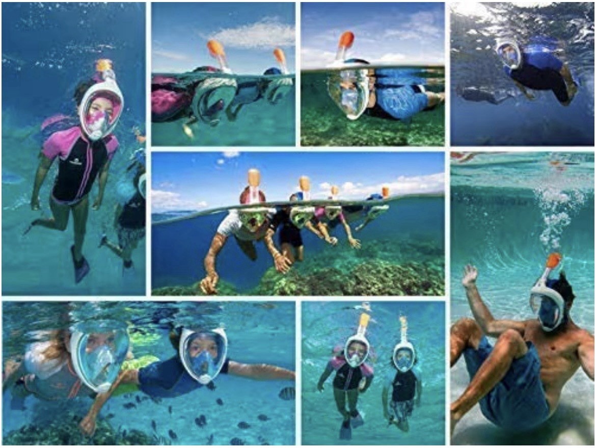 Full Face Free Breath Anti-Fog Snorkeling Dive Mask M2068G L/XL Blue — Lot of 2