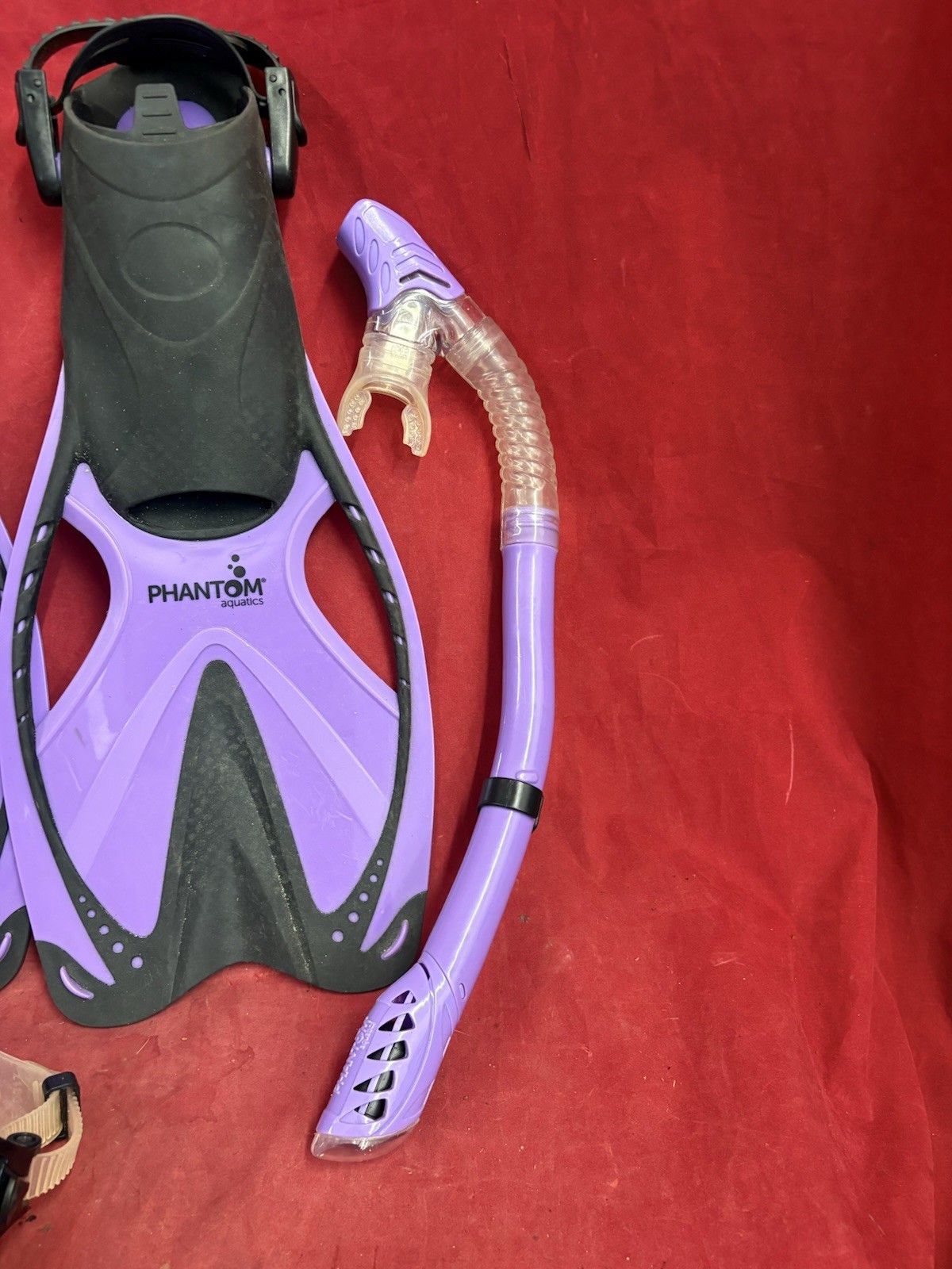 Snorkel Gear: Phantom Aquatics snorkeling set in a purple and black color scheme