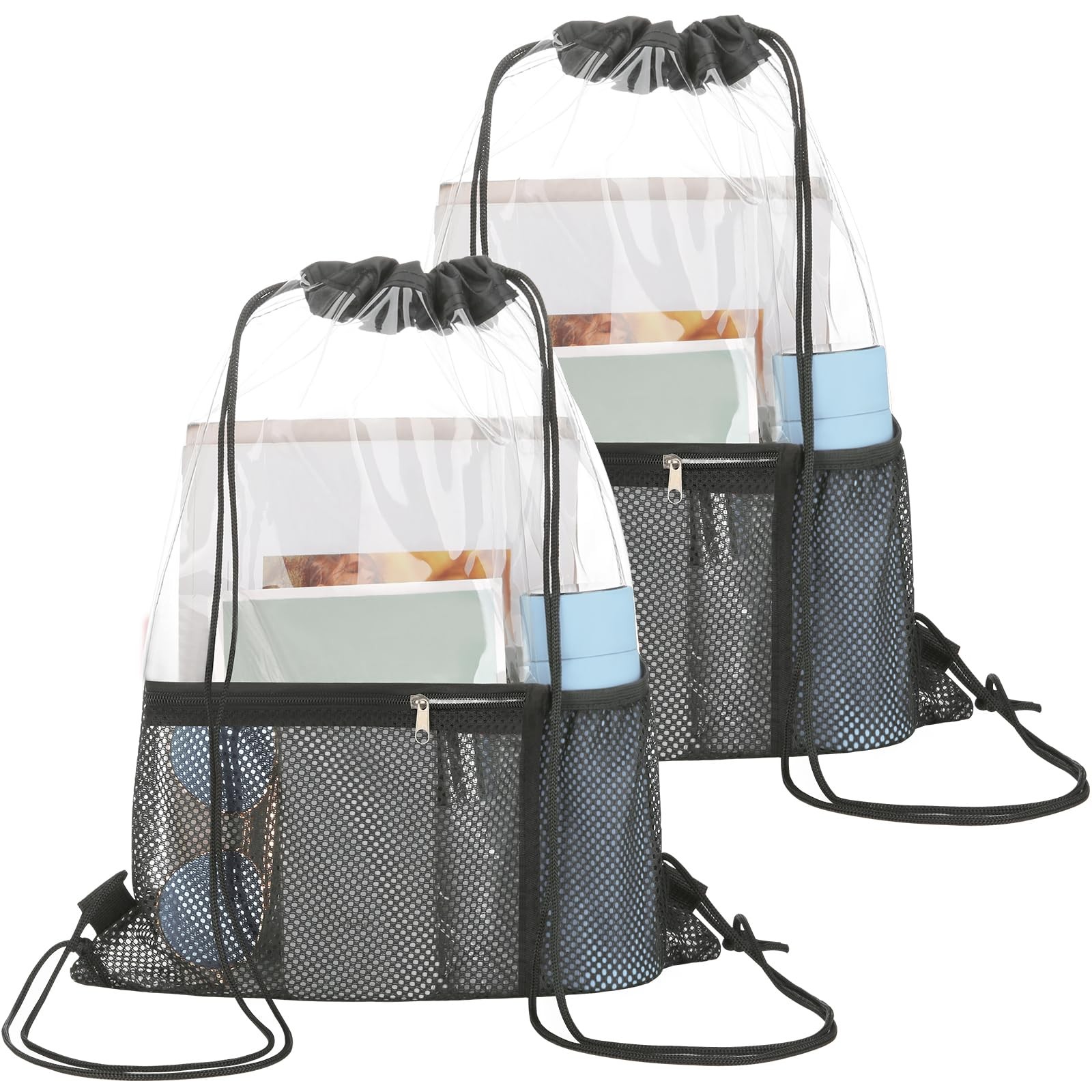 NATURAL STYLE 2 PACK Clear Drawstring Bag Stadium Approved, See Large, Black