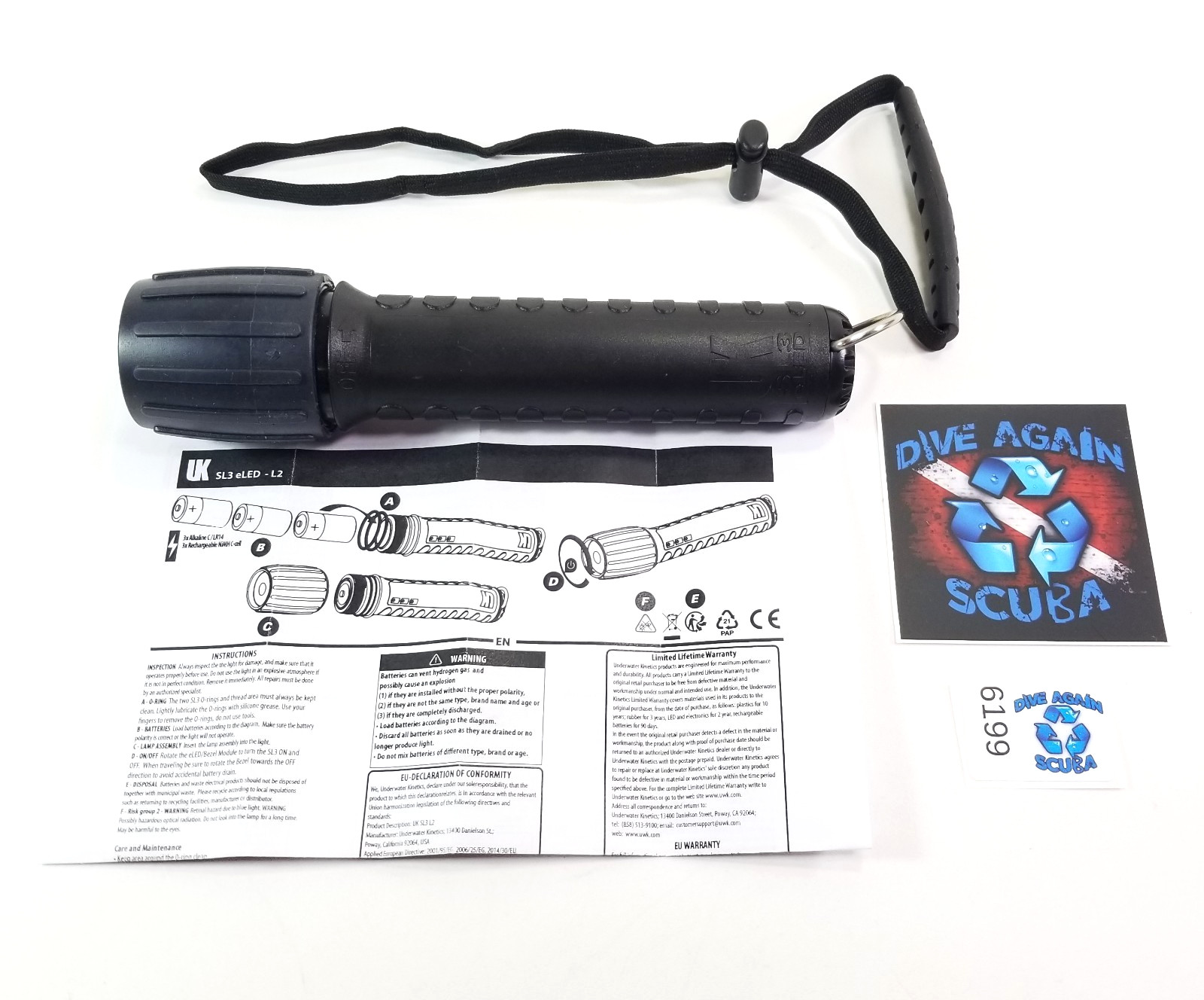 Underwater Kinetics UK SL3 eLED (L2) in Box + Batteries Scuba Dive Light Black