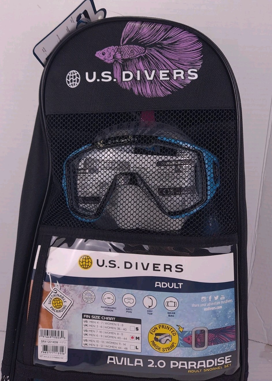 U.S. Divers Avila 2.0 Paradise Adult Snorkel Set Betta Black Blue Size Medium