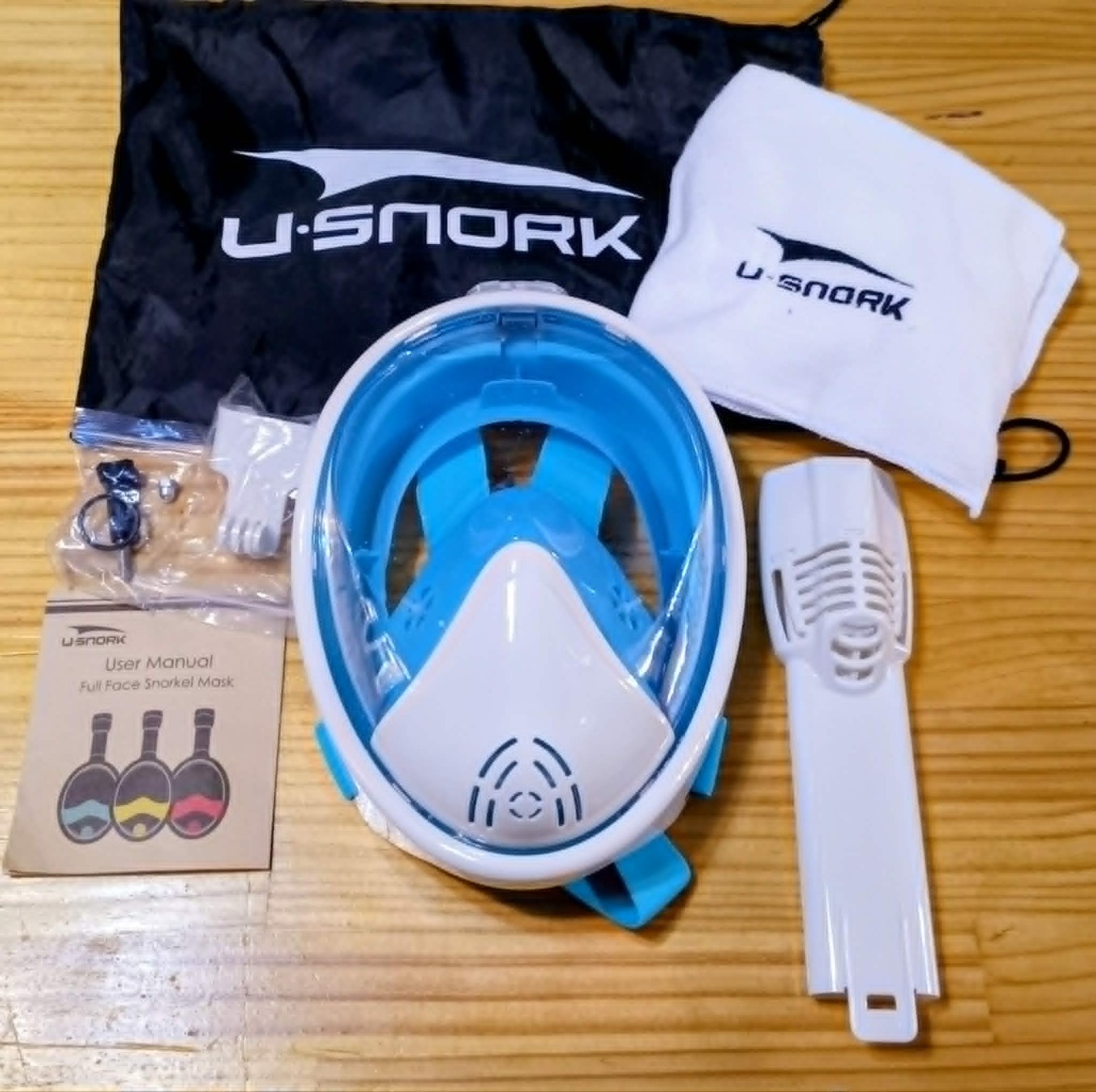 U-Snork Full Face Snorkel Mask Blue White w/ Carry Bag Manual Accessories