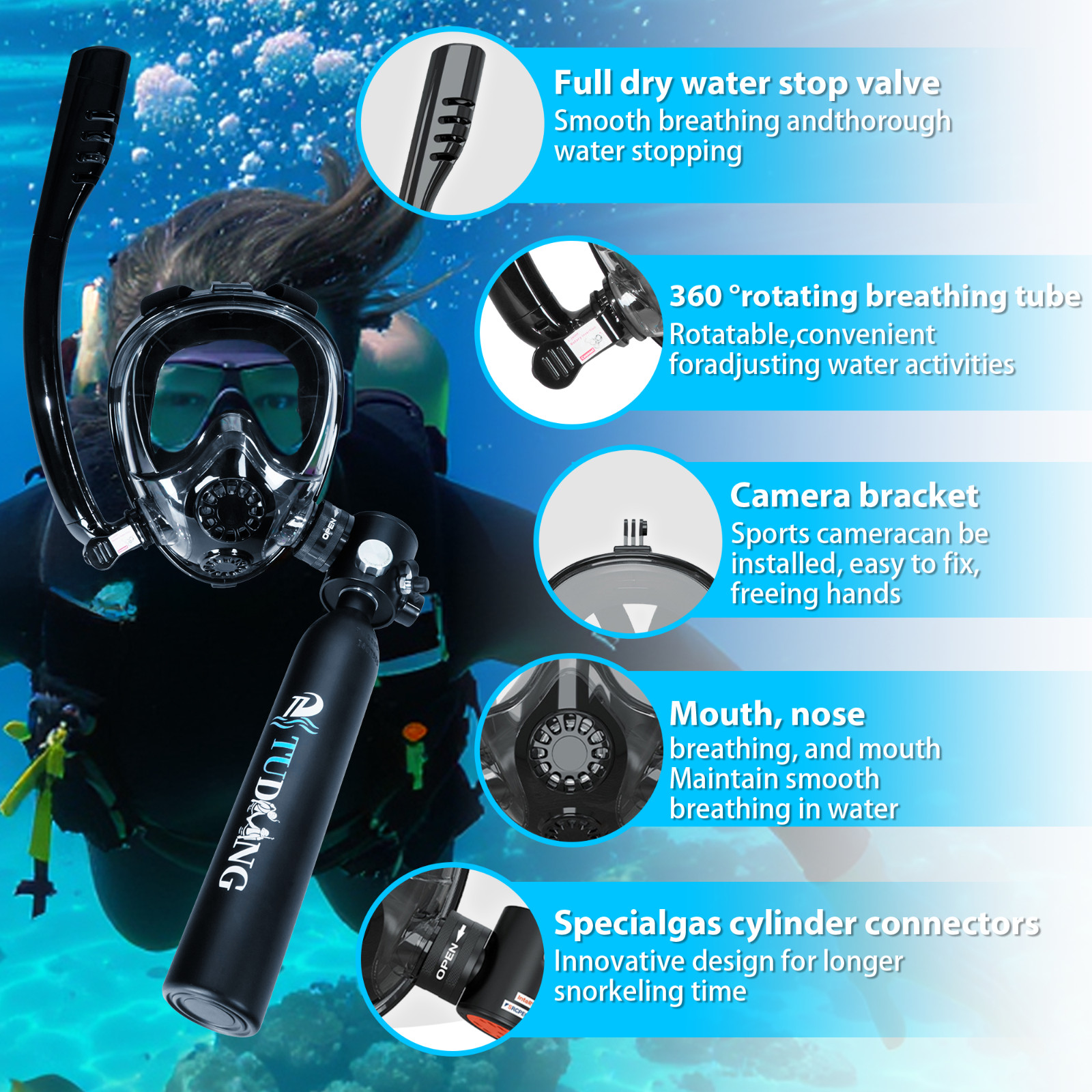 TUDIVING-Diving Air Tank Suits 0.5L Mini Scuba Tank with Snorkel Mask Lung Tank