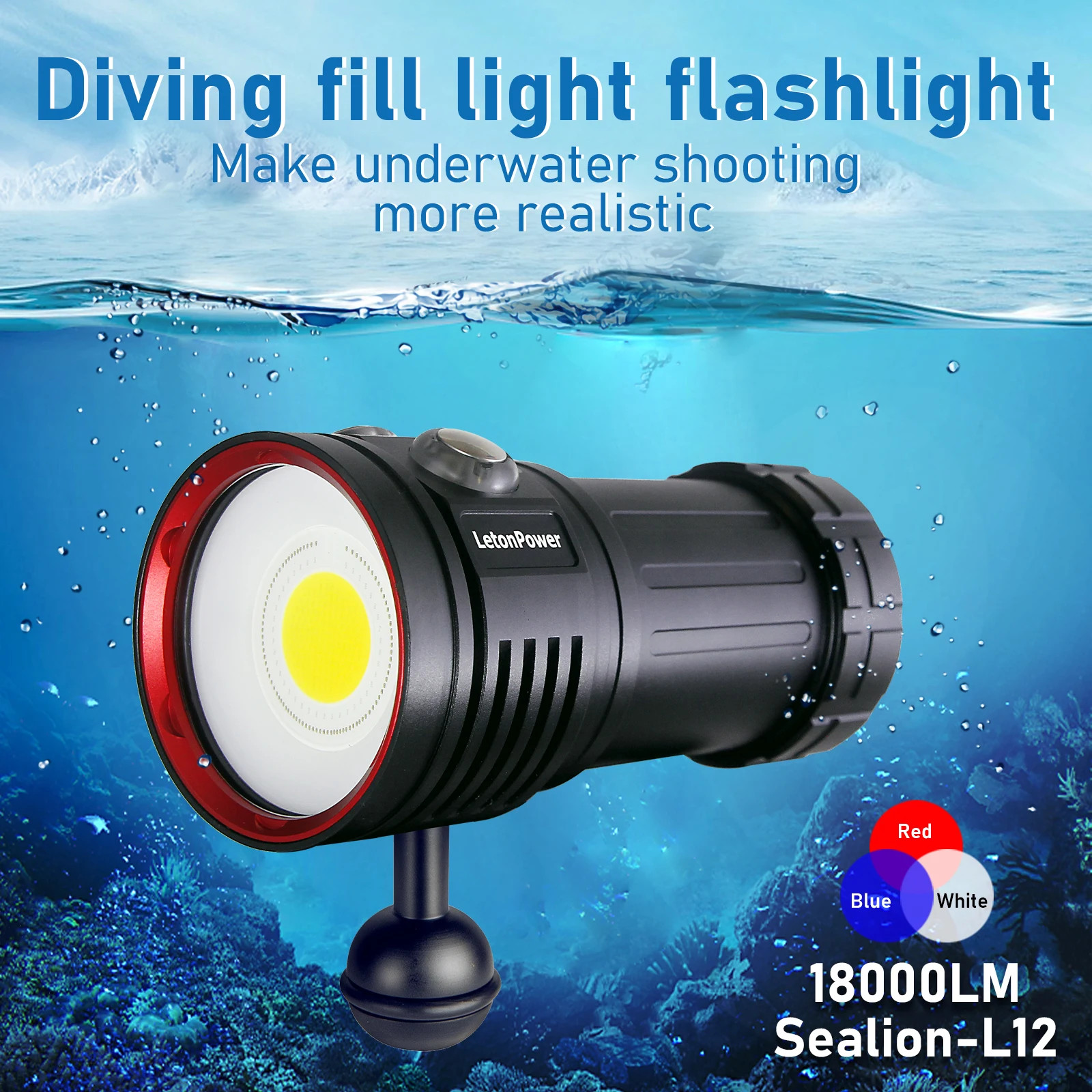 LetonPower Diving Flashlight 18000Lumens rechargeabl Underwater Lighting 100m