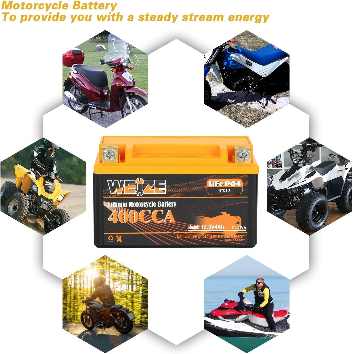 Weize Lithium YTX9, 400A LiFePO4 Motorcycle Battery YTX12, 12V 4AH YTX7 ATV, UT