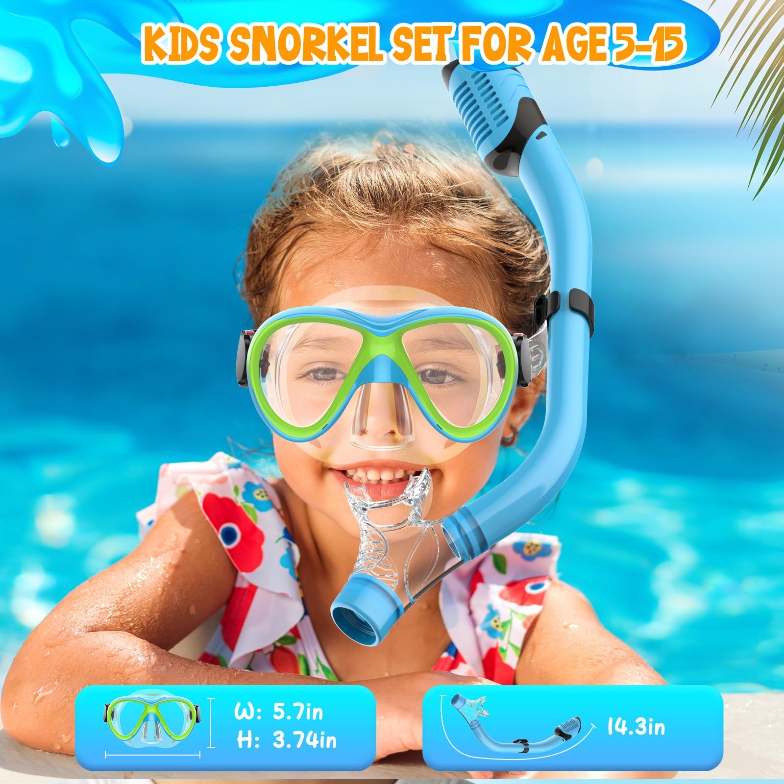 Jwintee Snorkel Set, Dry Top Snorkeling Gear for Kids, Blue+Green(2 Pack)
