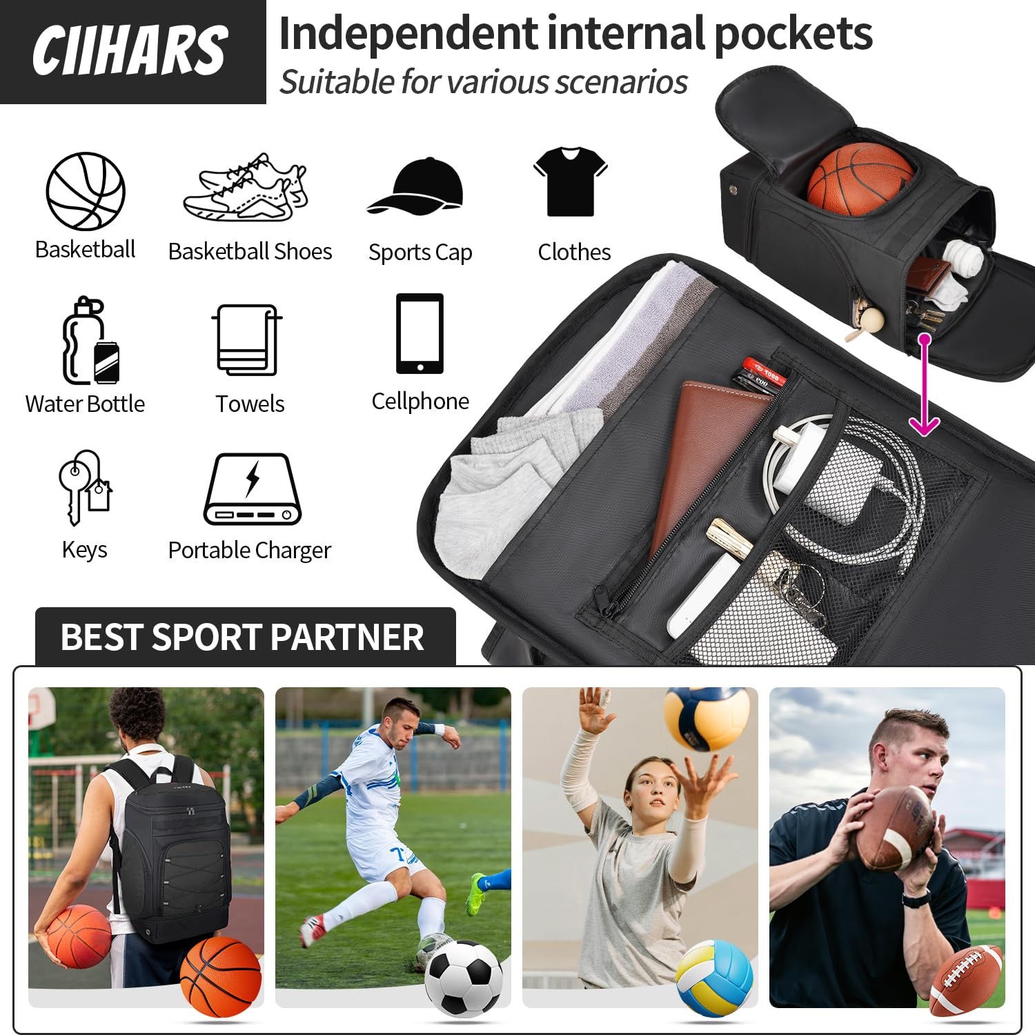 Ciihars Basketball Bag Backpack Large Sports with One Size, Black