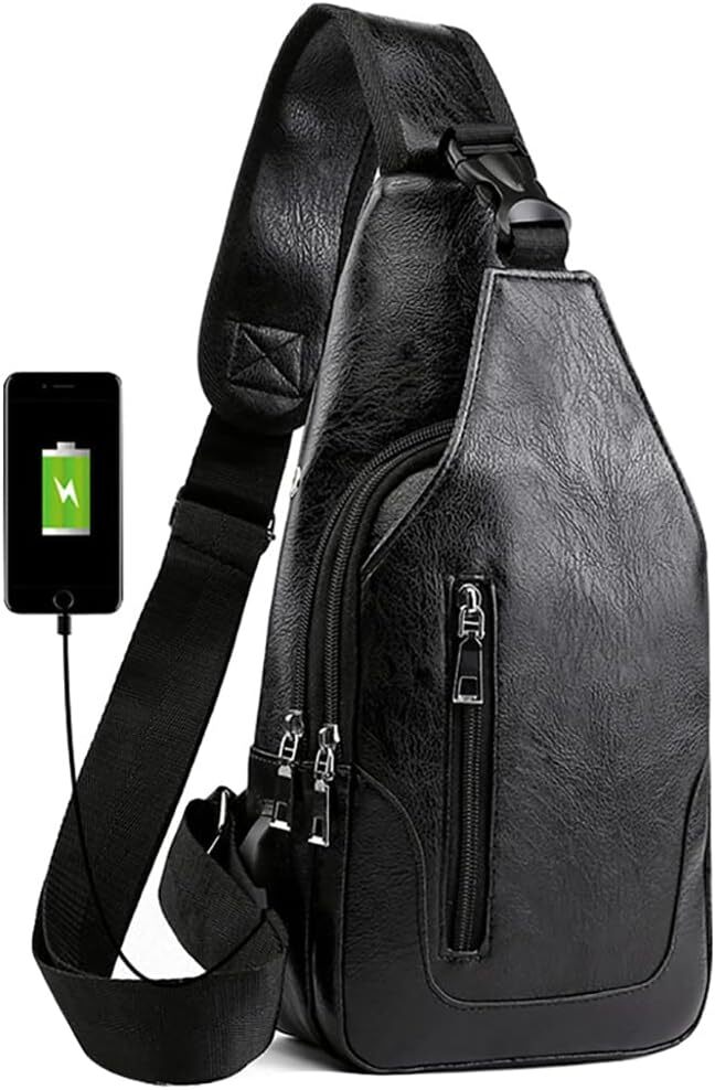 Peicees Leather Sling Bag Mens Crossbody Medium, Verticalzipper/Black