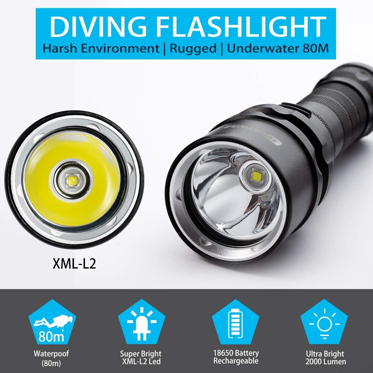 Genwiss Diving IPX8 waterproof electric torch 2000 LM with diving lamp holder