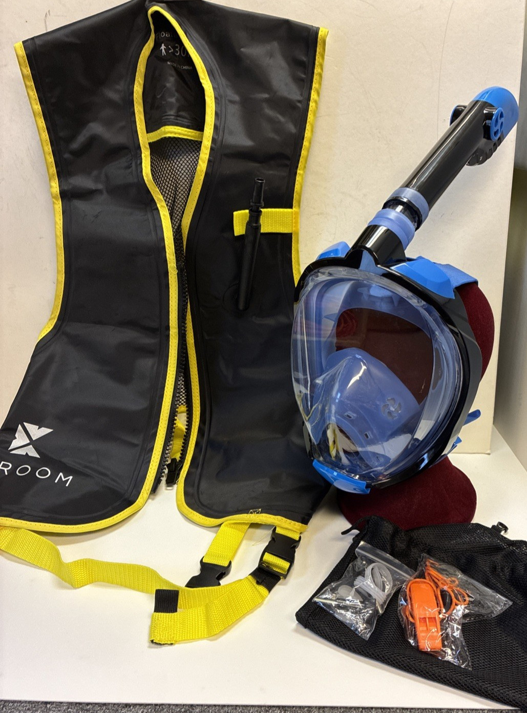 Snorkel Mask & Floatation Vest w/Mesh Bag Compact for Travel Vacation KHROOM